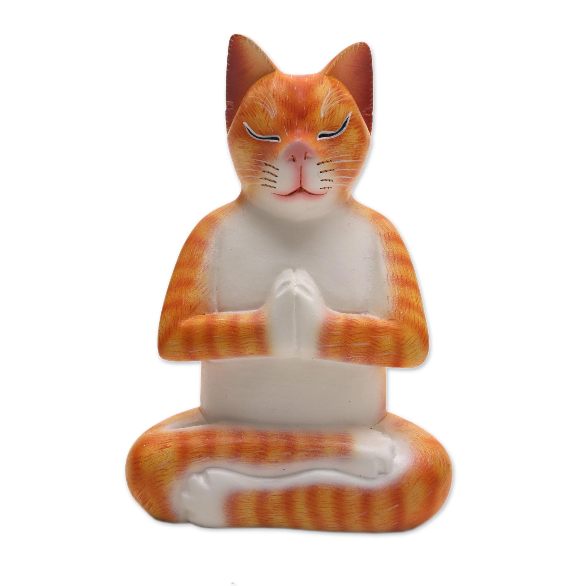 Premium Hand-Carved Meditation Cat Sculpture in Orange - Signed by Balinese Artisan