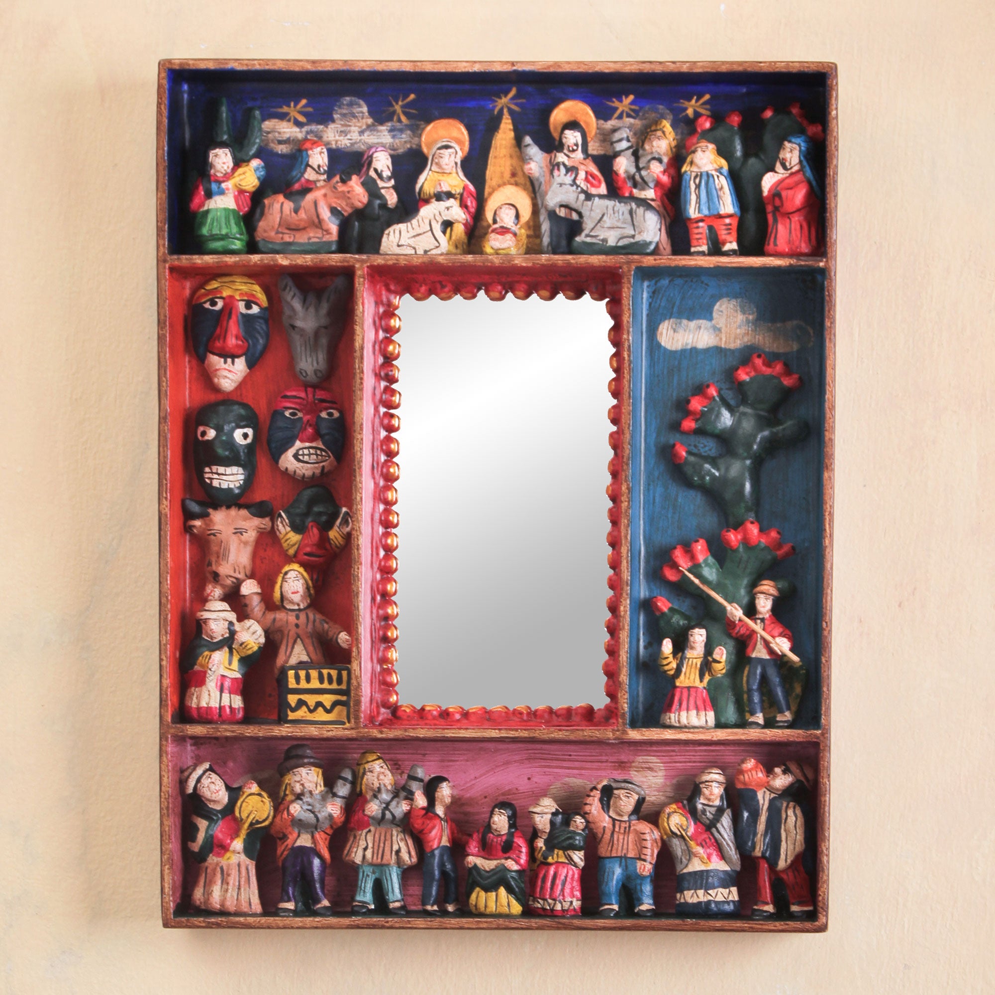 Premium Andean Folk Art Retablo Wall Mirror - Little Carnaval Scene