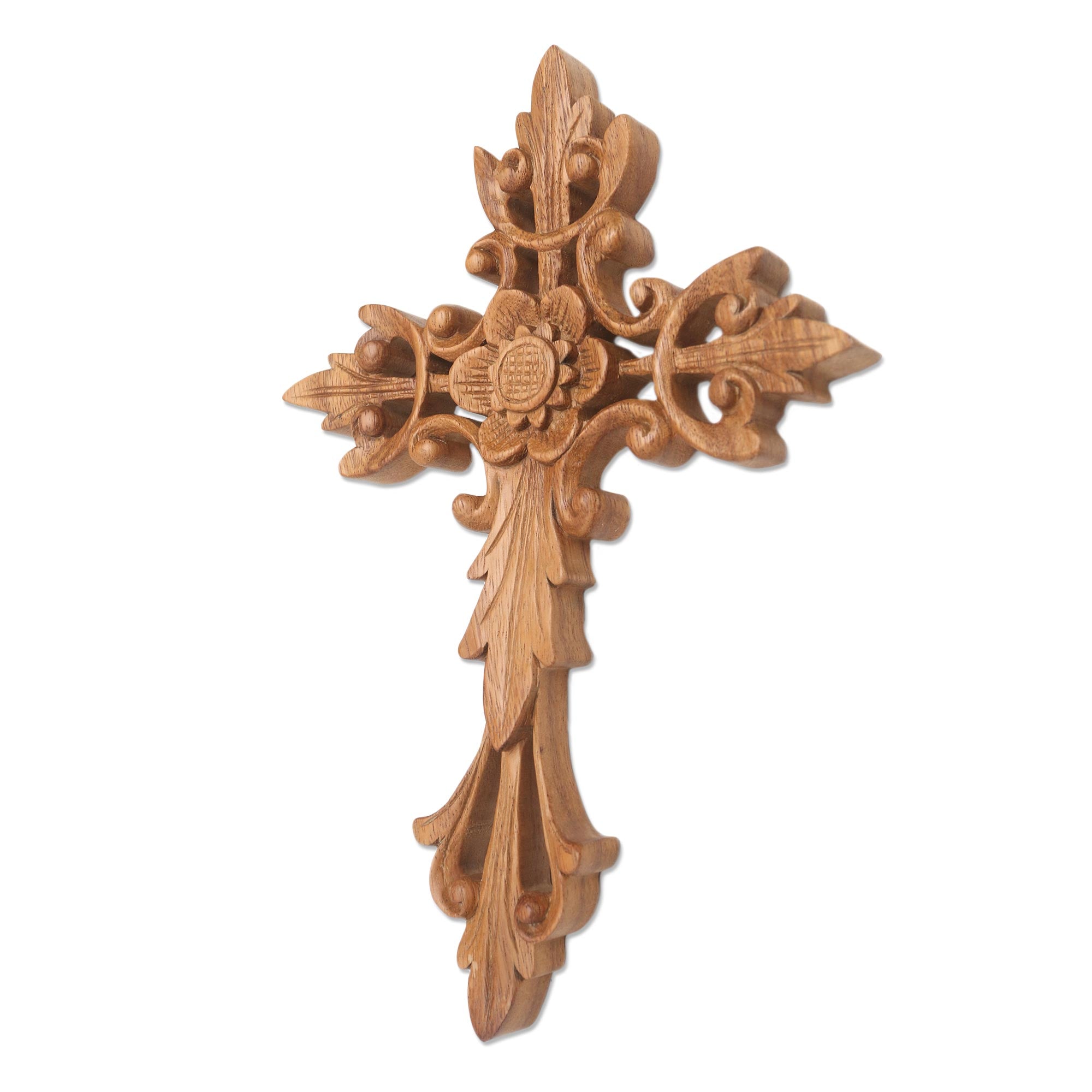 Premium Handcrafted Suar Wood Wall Cross with Floral Accent
