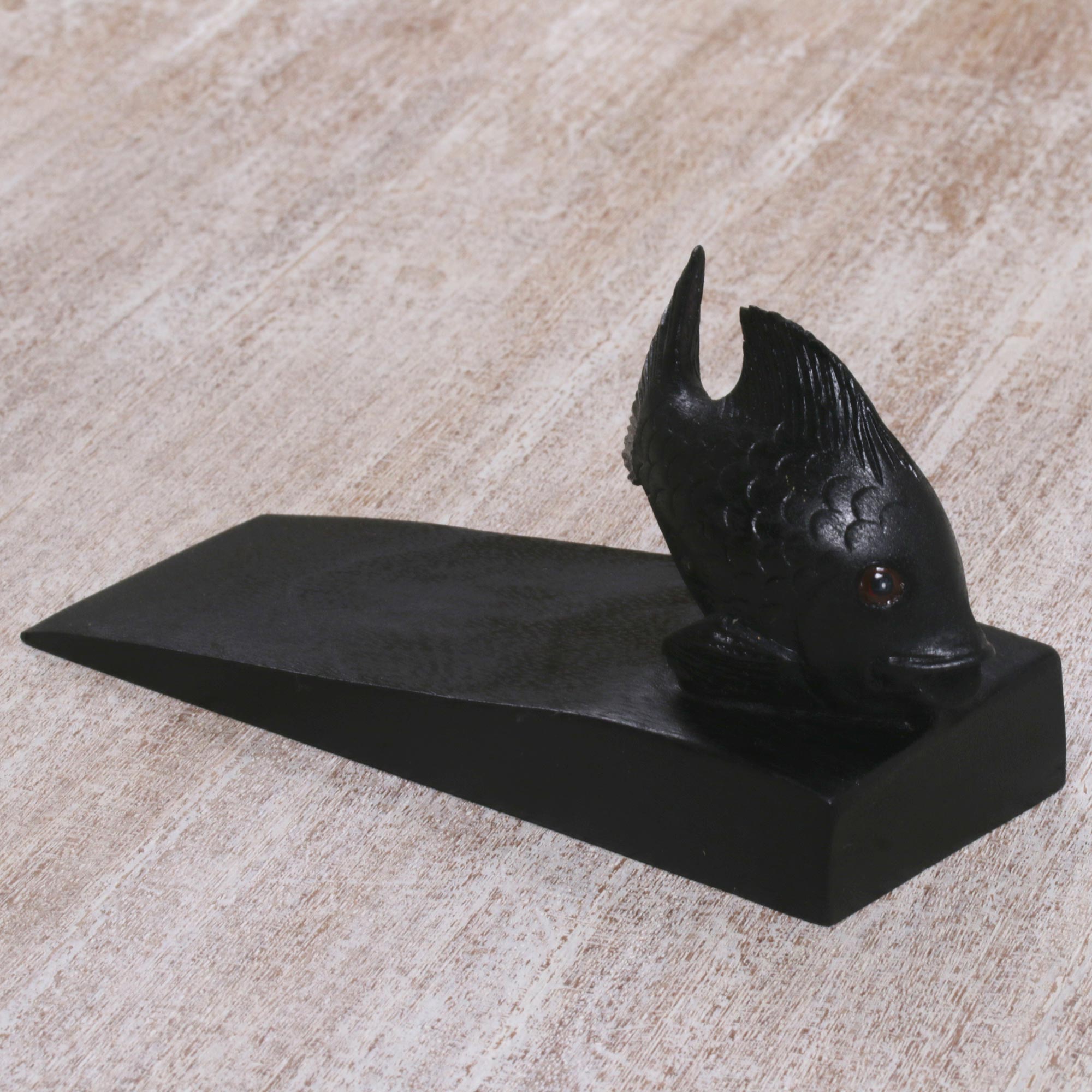 Premium Handcrafted Suar Wood Fish Doorstop - Black Balinese Design