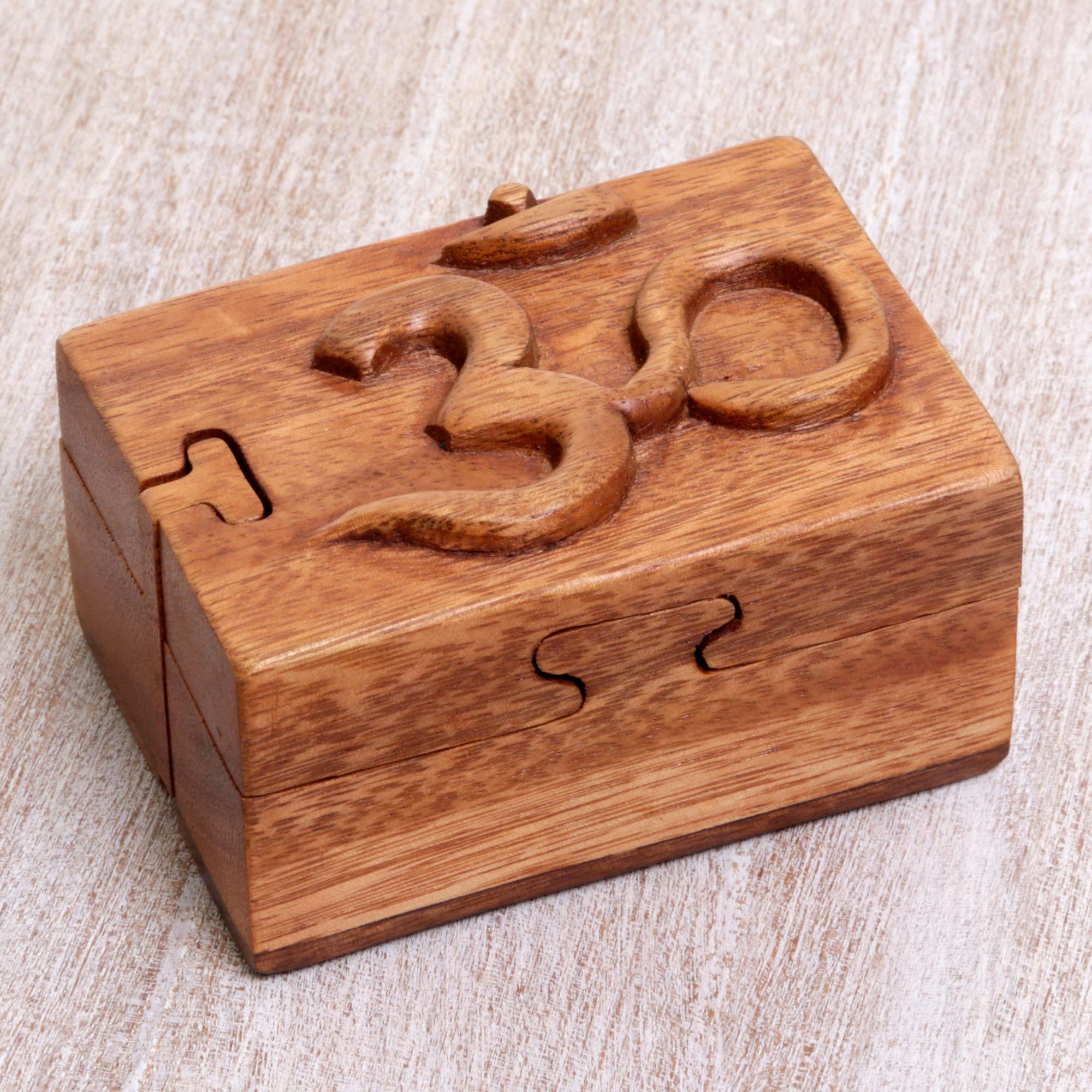 Premium Om Protector Handcrafted Wood Puzzle Box with Om Symbol - Indonesian Artisan Craft