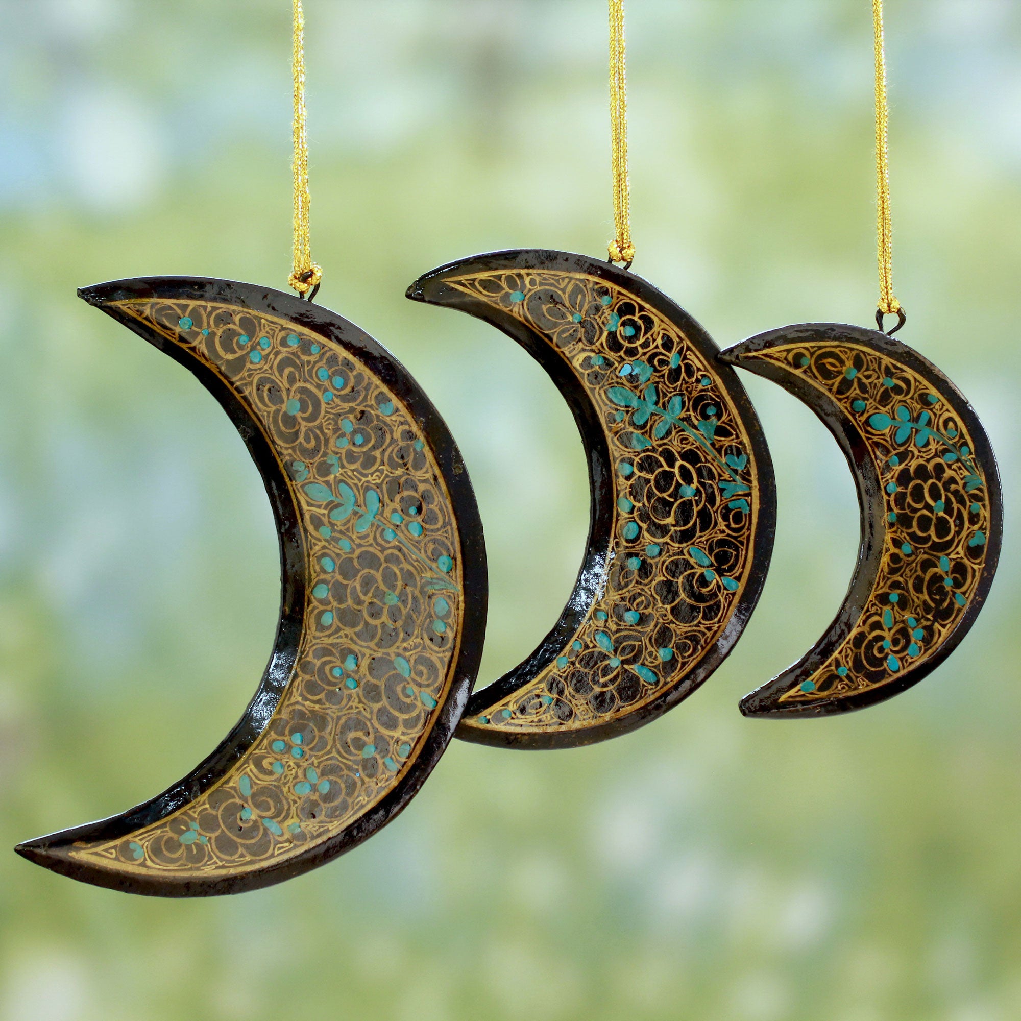 Premium Midnight Moons Fair Trade Hand-Painted Christmas Ornament Set (3-Piece)