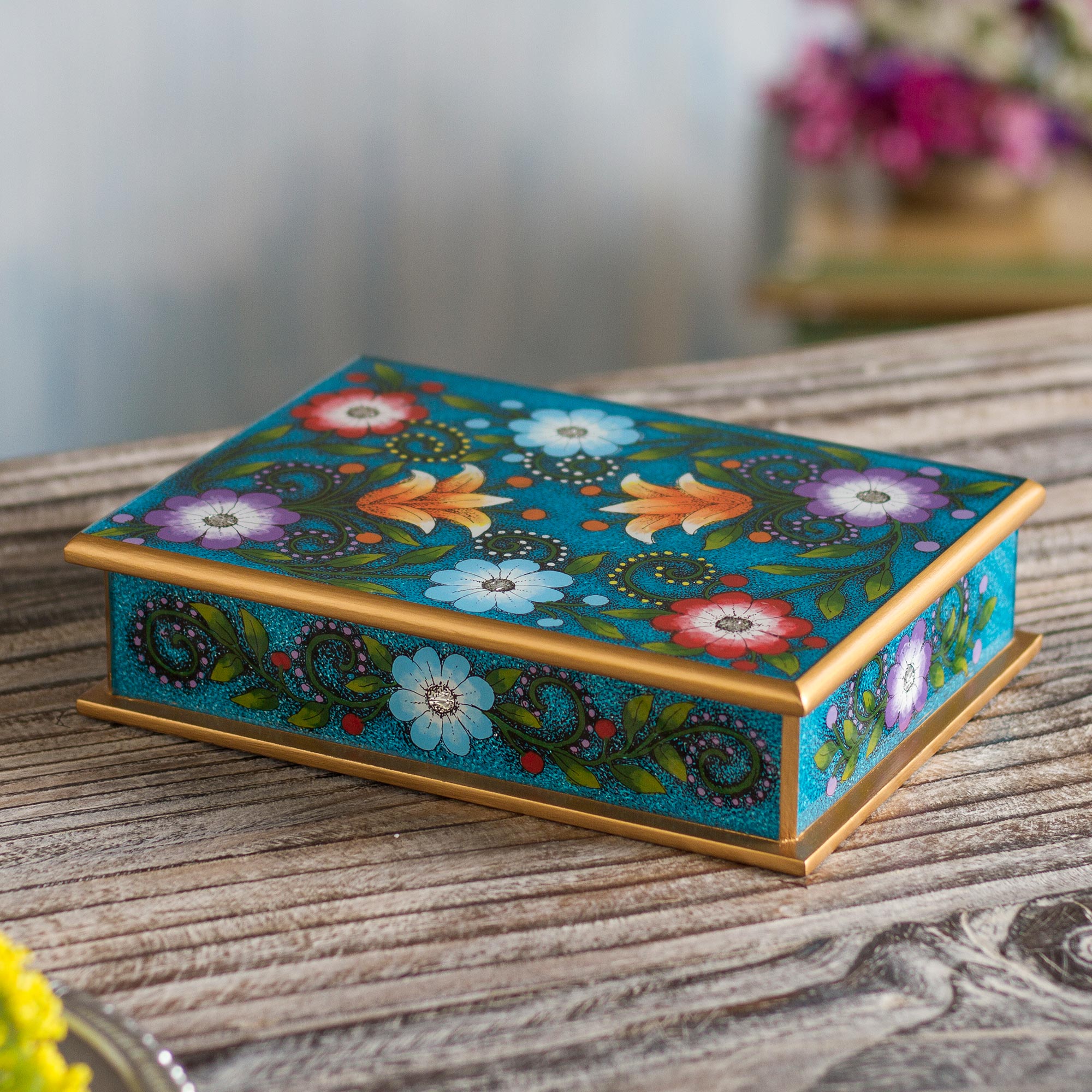 Premium Blue Floral Reverse-Painted Glass Decorative Box - Handcrafted Margarita Garden Design