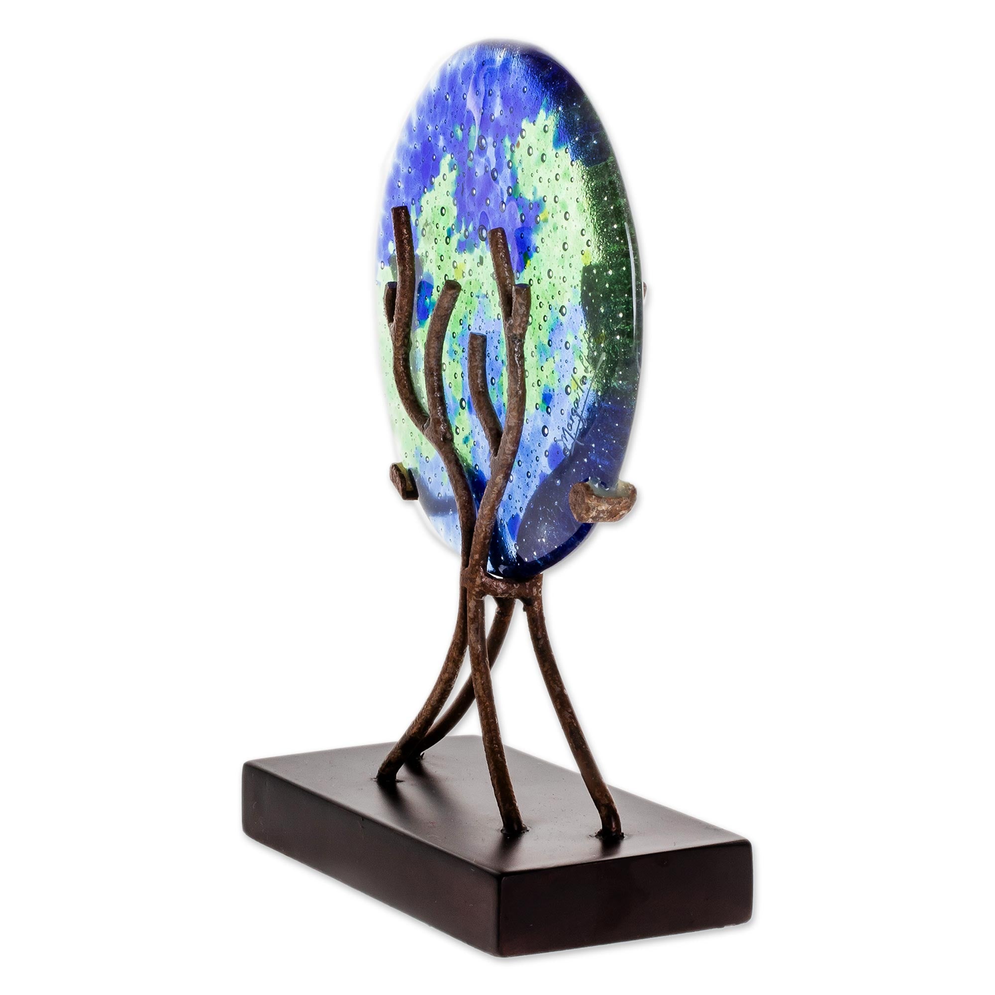 Premium Blue Circular Art Glass Sculpture - Handcrafted Tree of Life Design from El Salvador