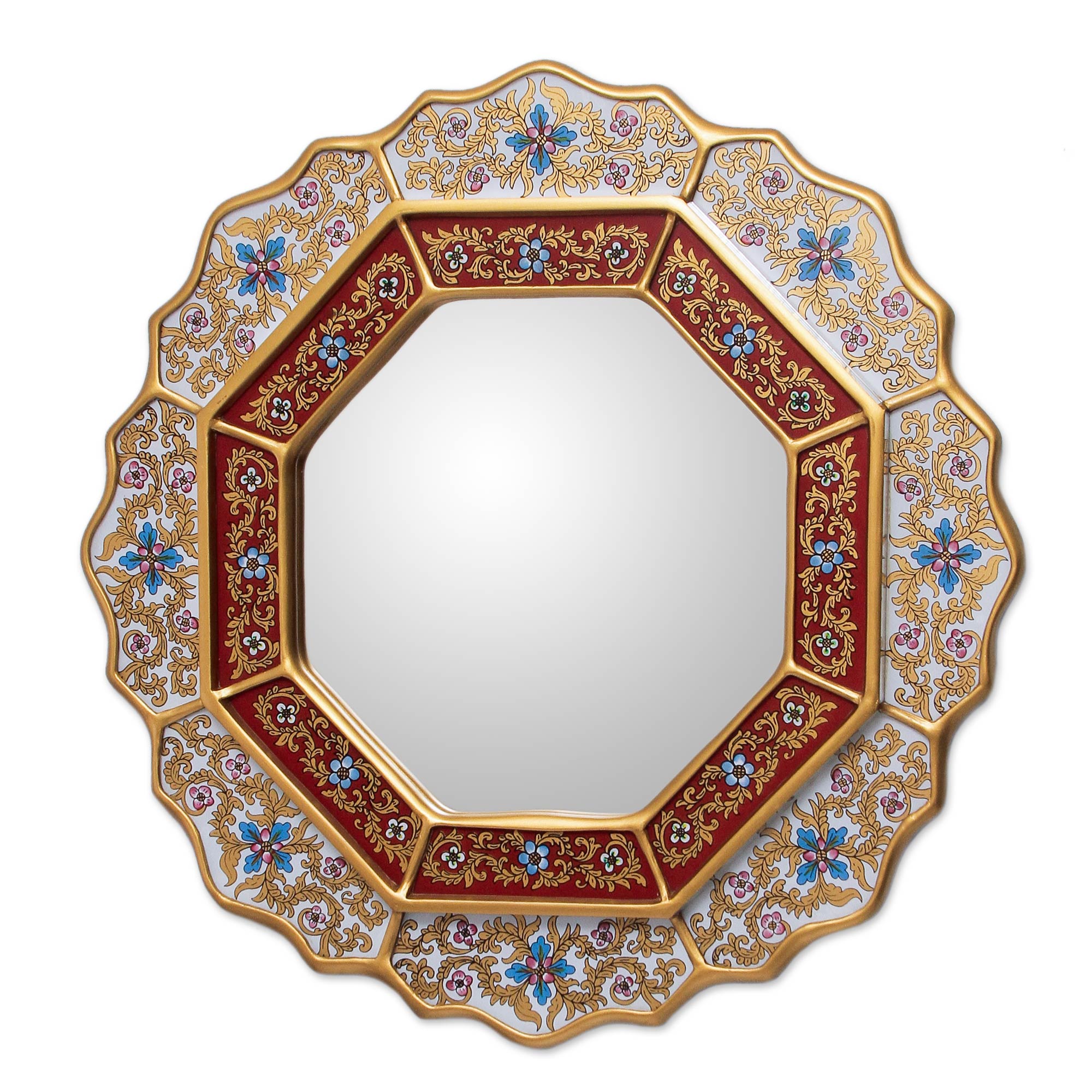 Premium White Star Reverse Painted Glass Wood Mirror - Handcrafted in Peru