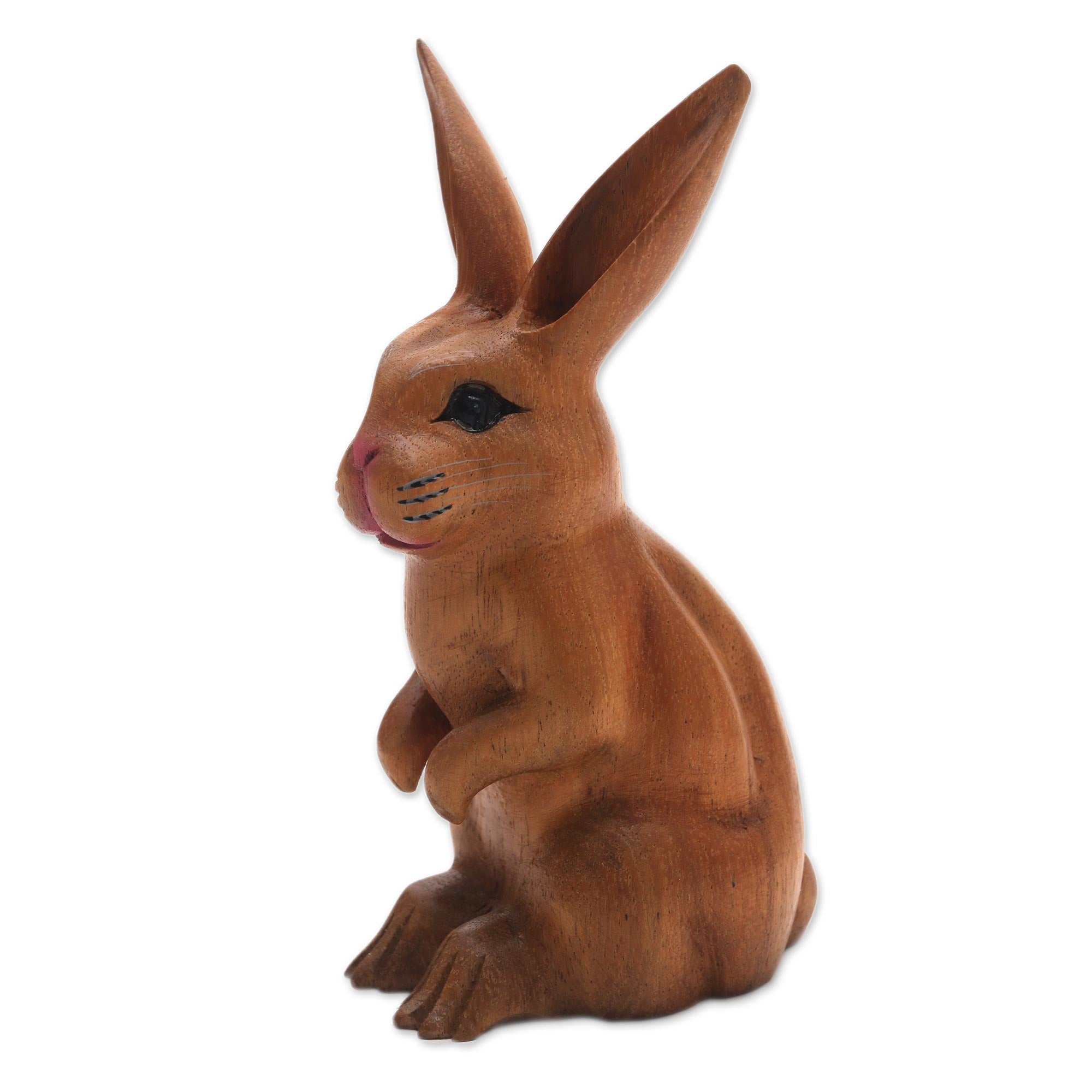 Premium Hand-Carved Brown Bunny Sculpture from Bali - Signed Artisan Piece