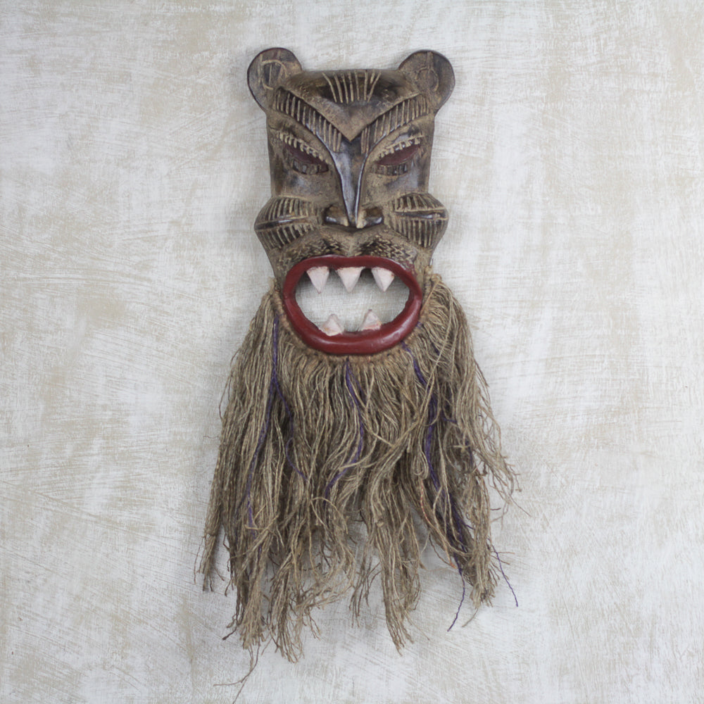Premium Roar of the Tiger Handcrafted Sese Wood African Mask with Jute Beard