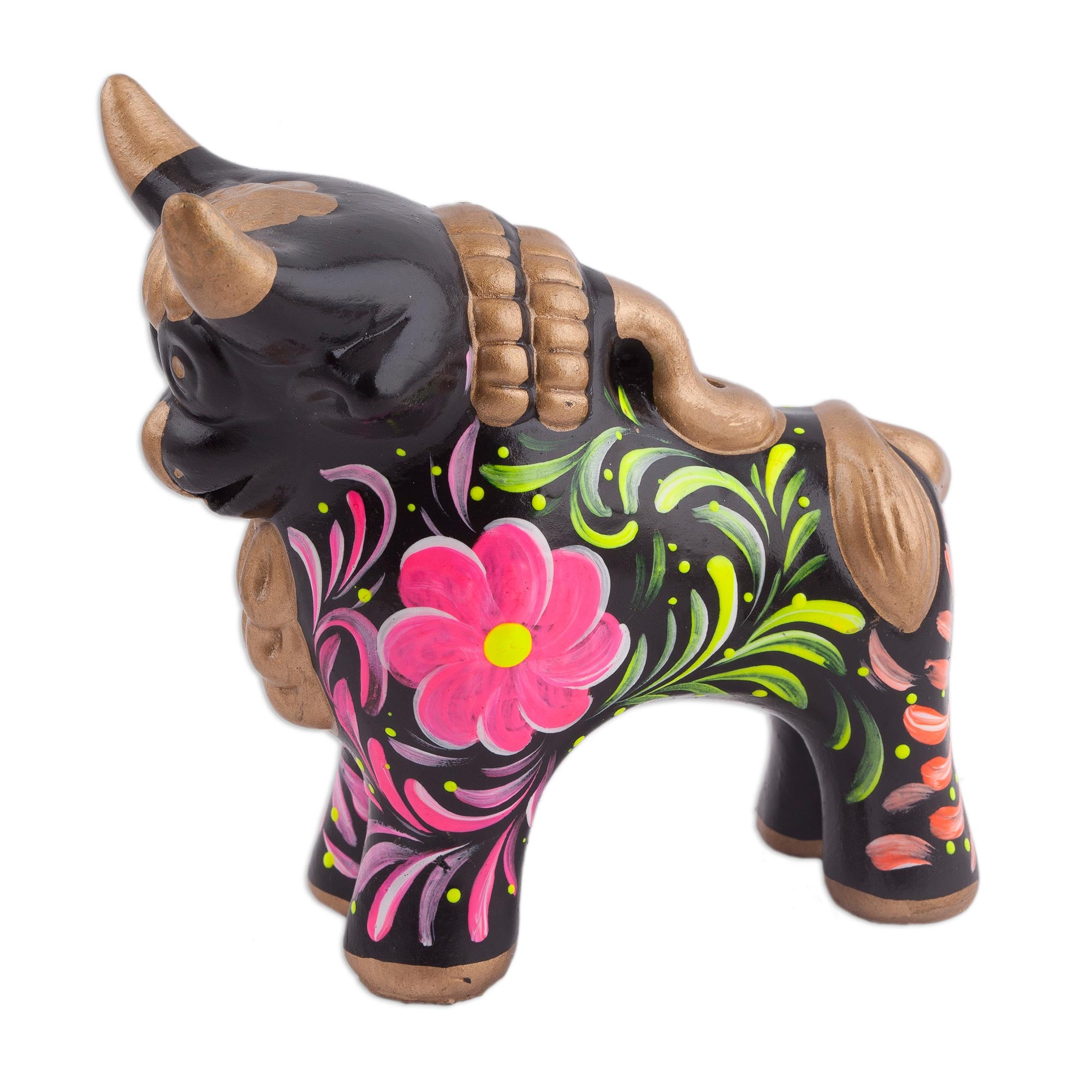 Premium Black Ceramic Pucara Bull Sculpture - Handcrafted Floral Design from Peru