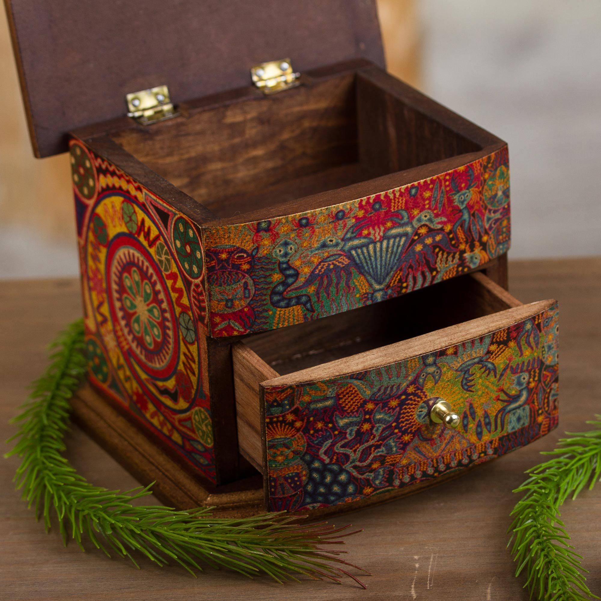 Premium Handcrafted Huichol Art Jewelry Box - Pinewood Decoupage Design