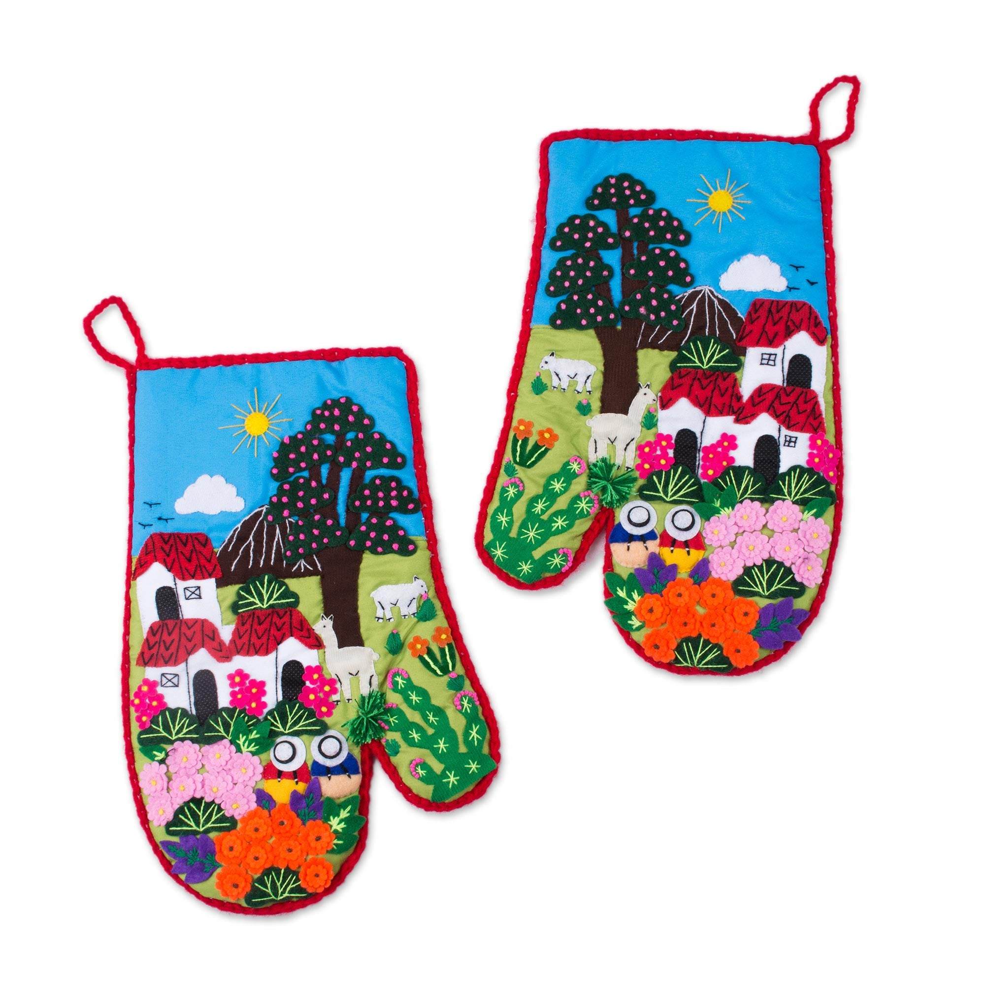 Premium Peruvian Cotton Blend Patchwork Oven Mitts - Handcrafted Decorative Pair