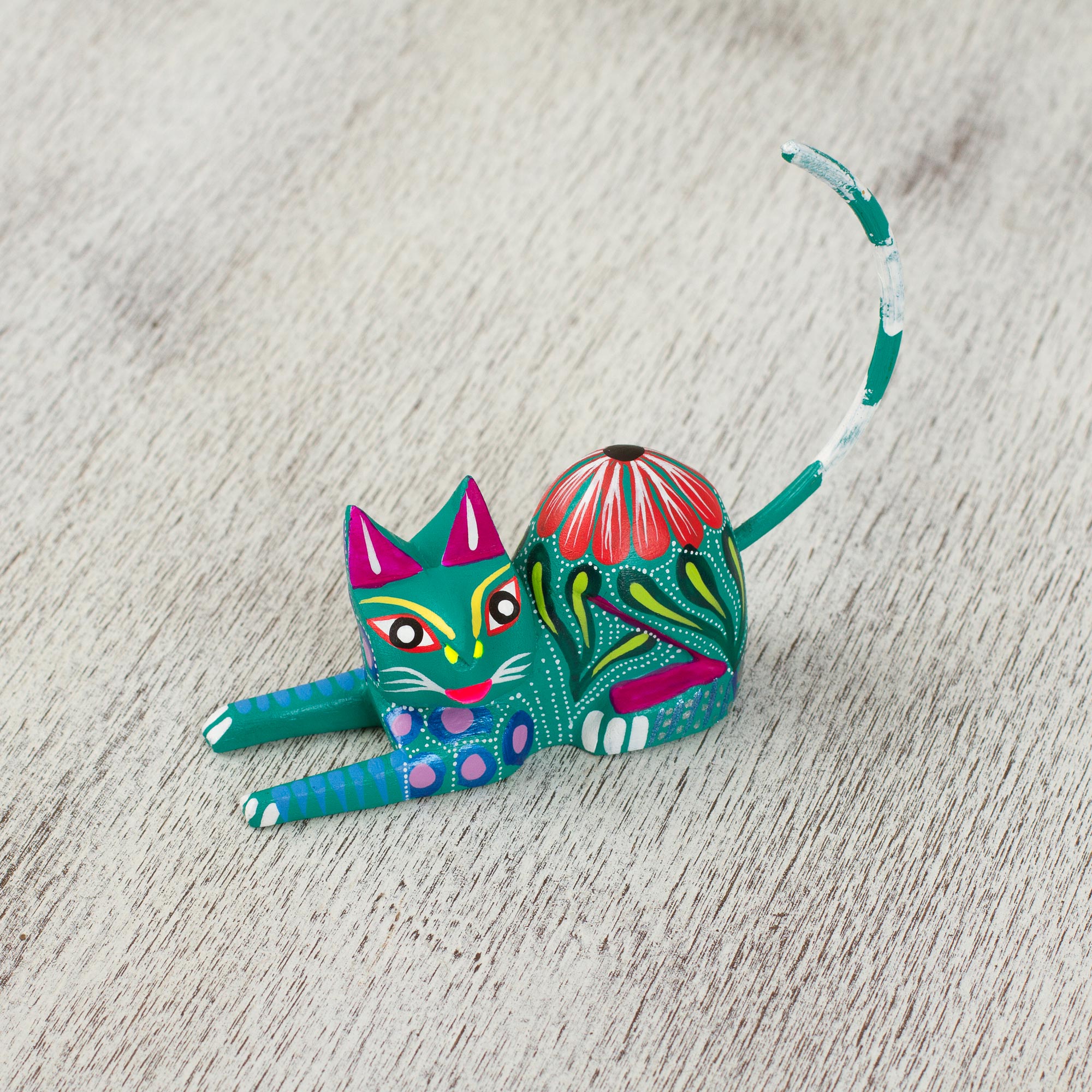 Premium Teal Copal Wood Alebrije Cat Sculpture – Handcrafted Mexican Art