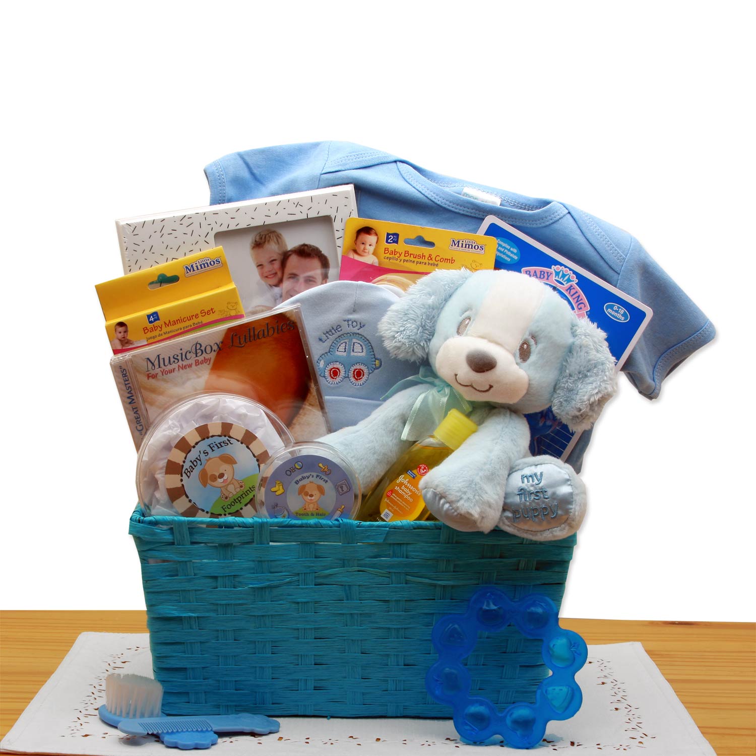 Premium Puppy Love New Baby Gift Basket - Ultimate Blue Edition