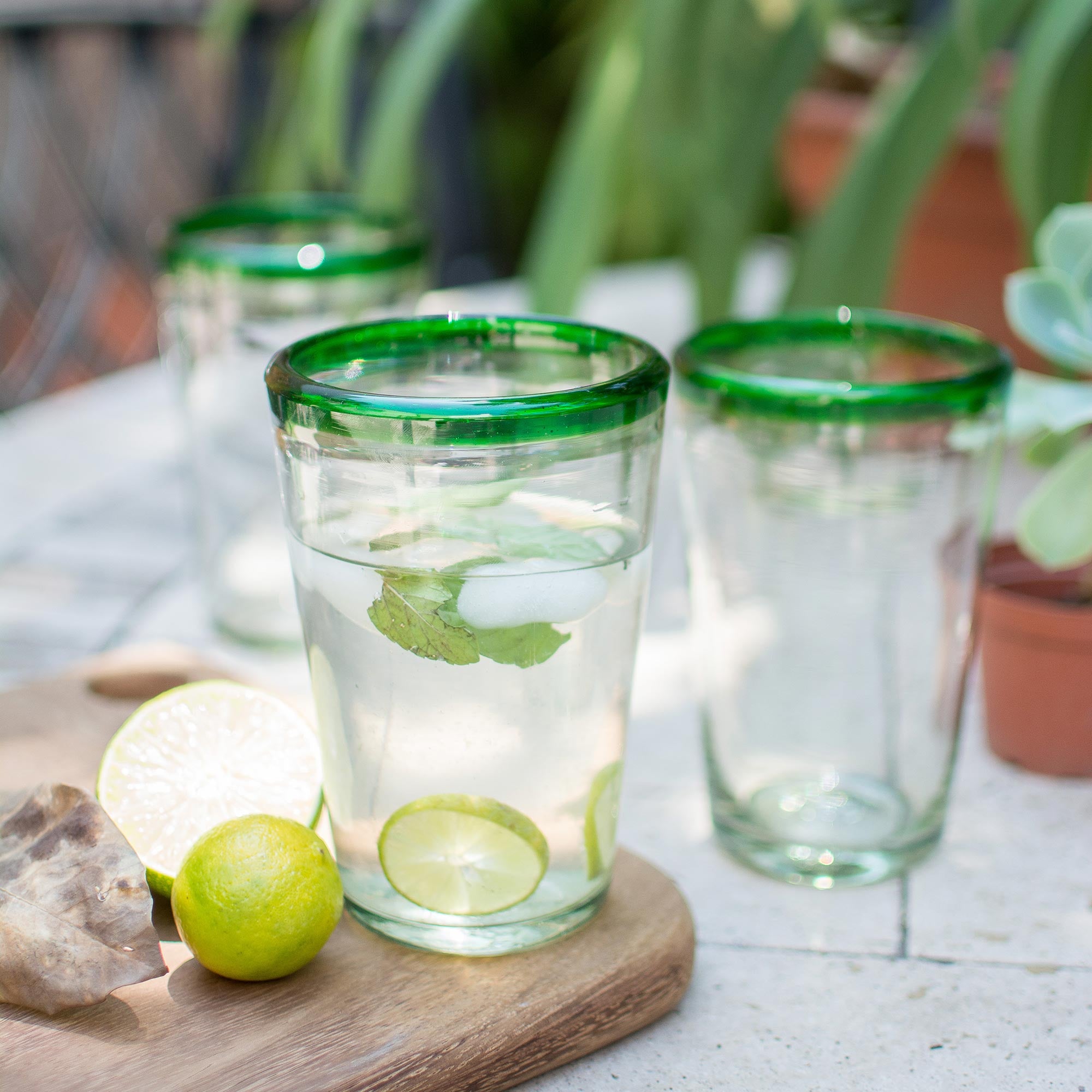 Premium Handblown Conical Glassware Set - Clear & Green (Set of 6)