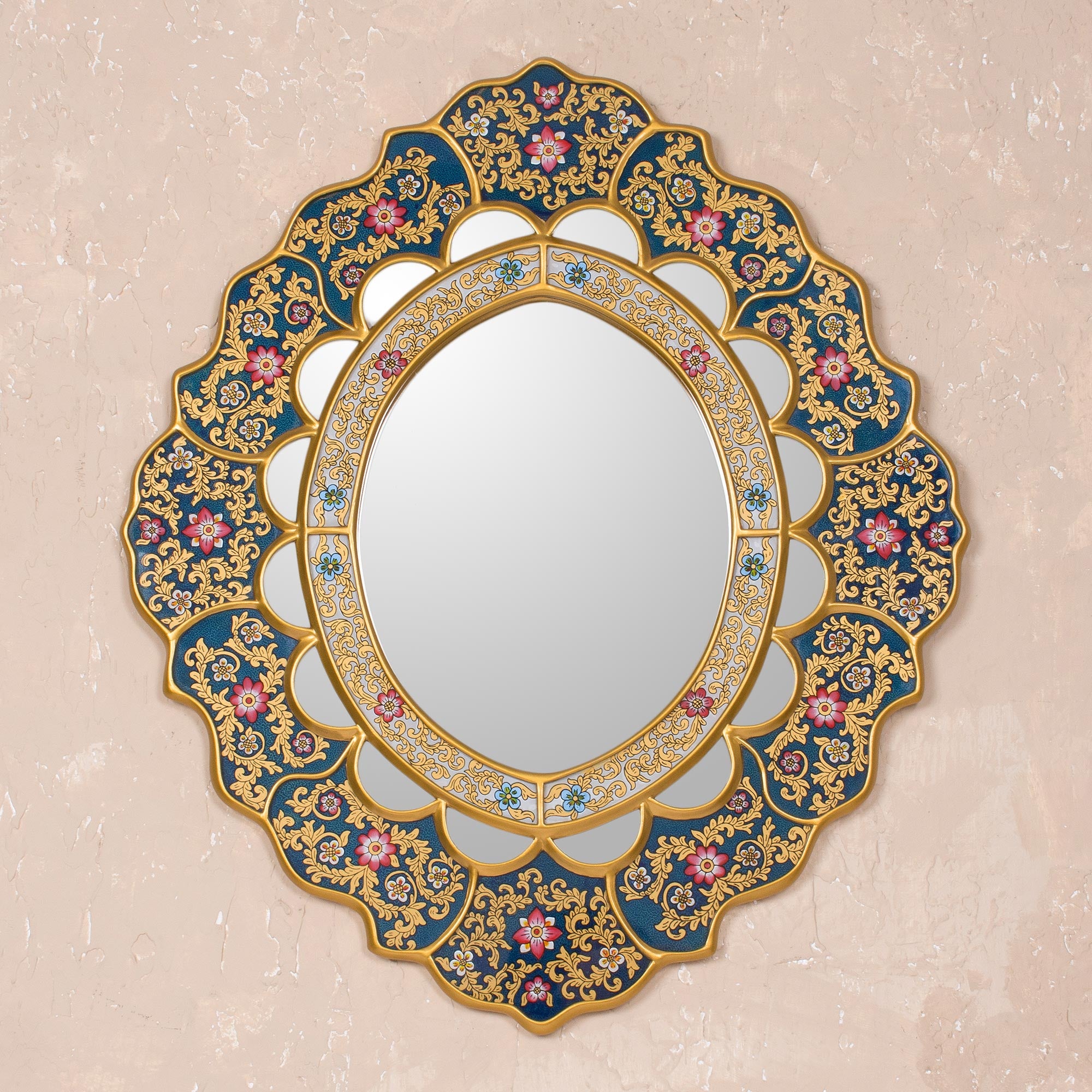 Premium Golden Garden Floral Reverse Painted Art Glass Wall Mirror