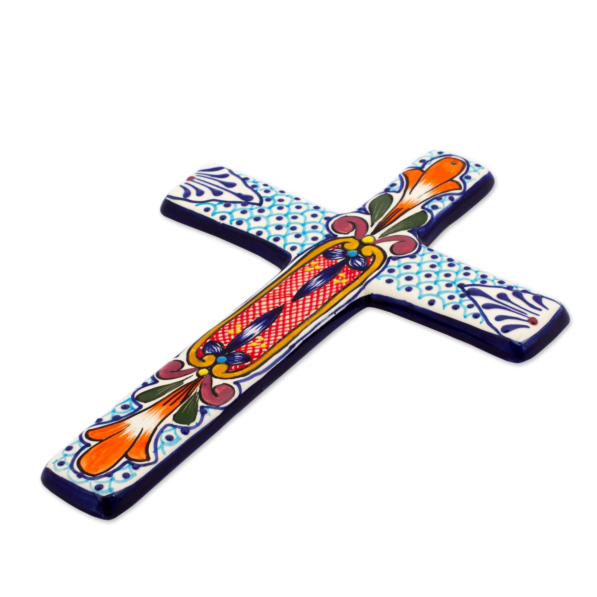 Premium Handcrafted Orange Lily Ceramic Wall Cross - Mexican Artisan Design