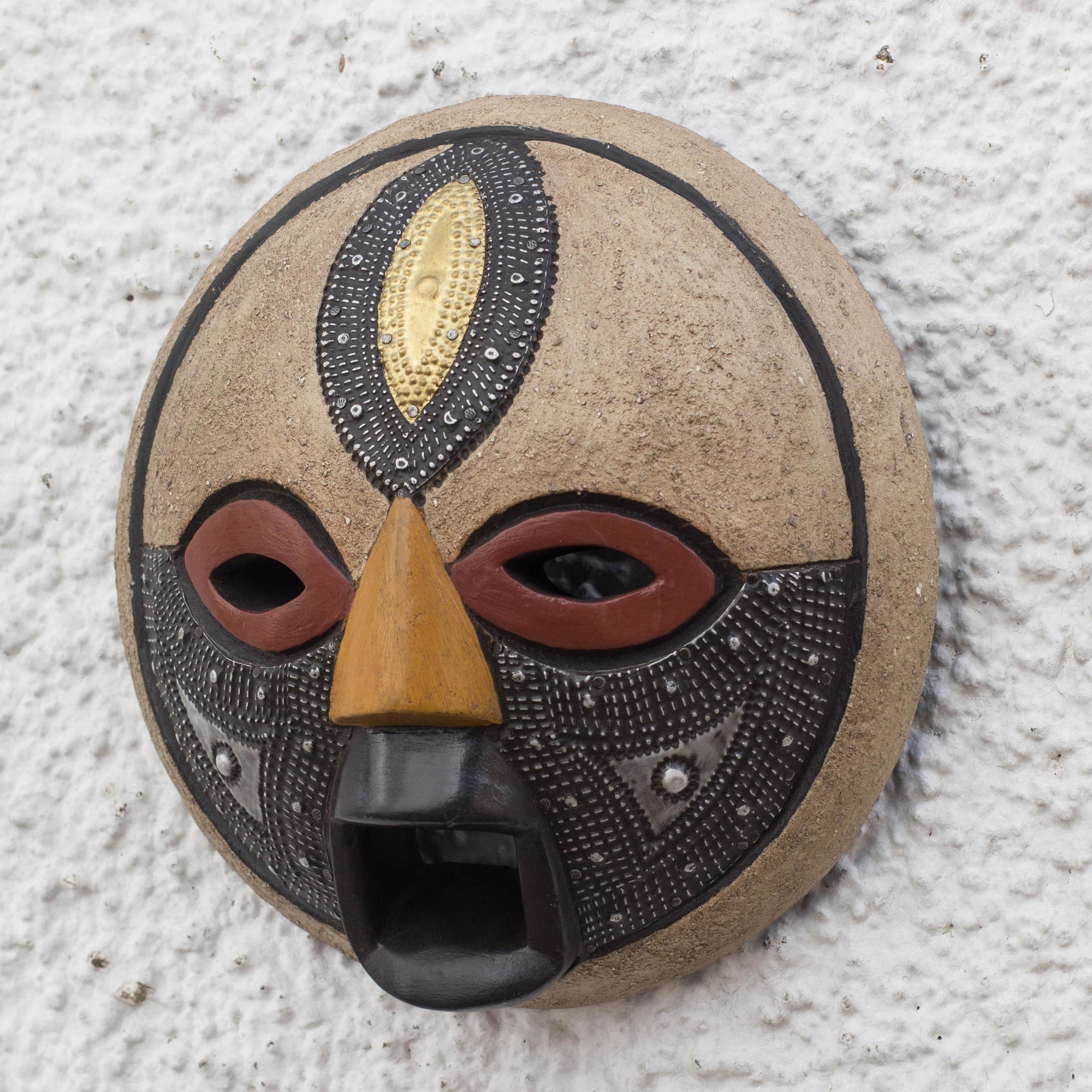 Premium Third Eye African Wood Mask with Brass & Aluminum Accents - Handcrafted Wall Decor