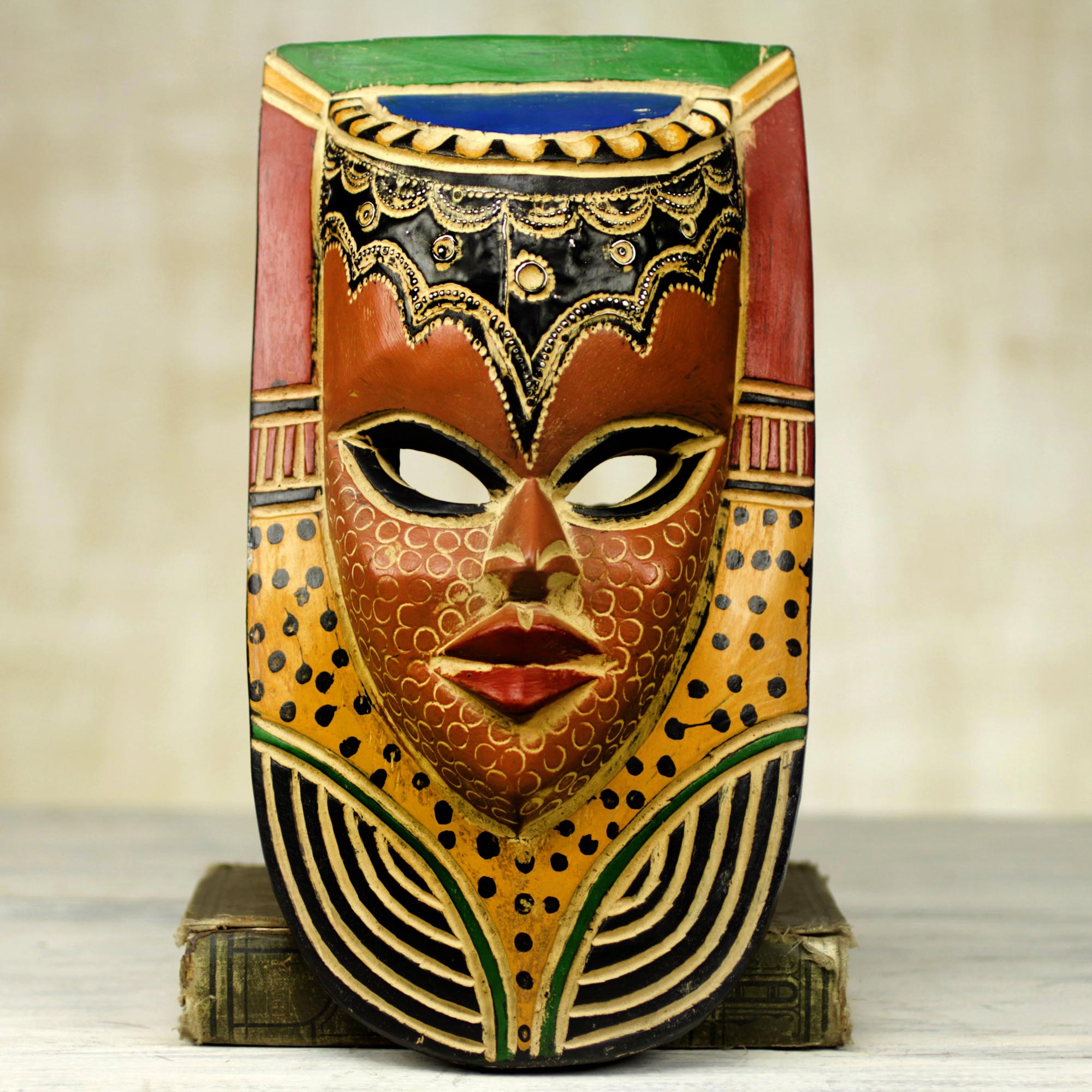 Premium Hand-Carved Queen Wall Mask - Sese Wood with Aluminum Crown