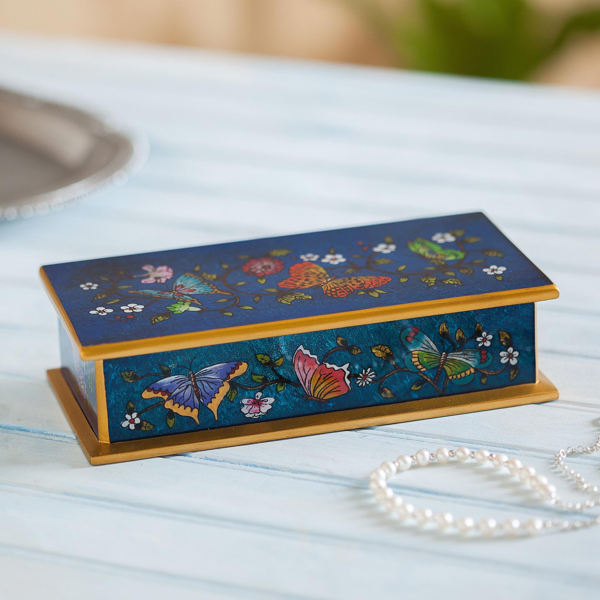 Premium Handcrafted Cyan Butterfly Jubilee Box - Fair Trade Artisan Treasure