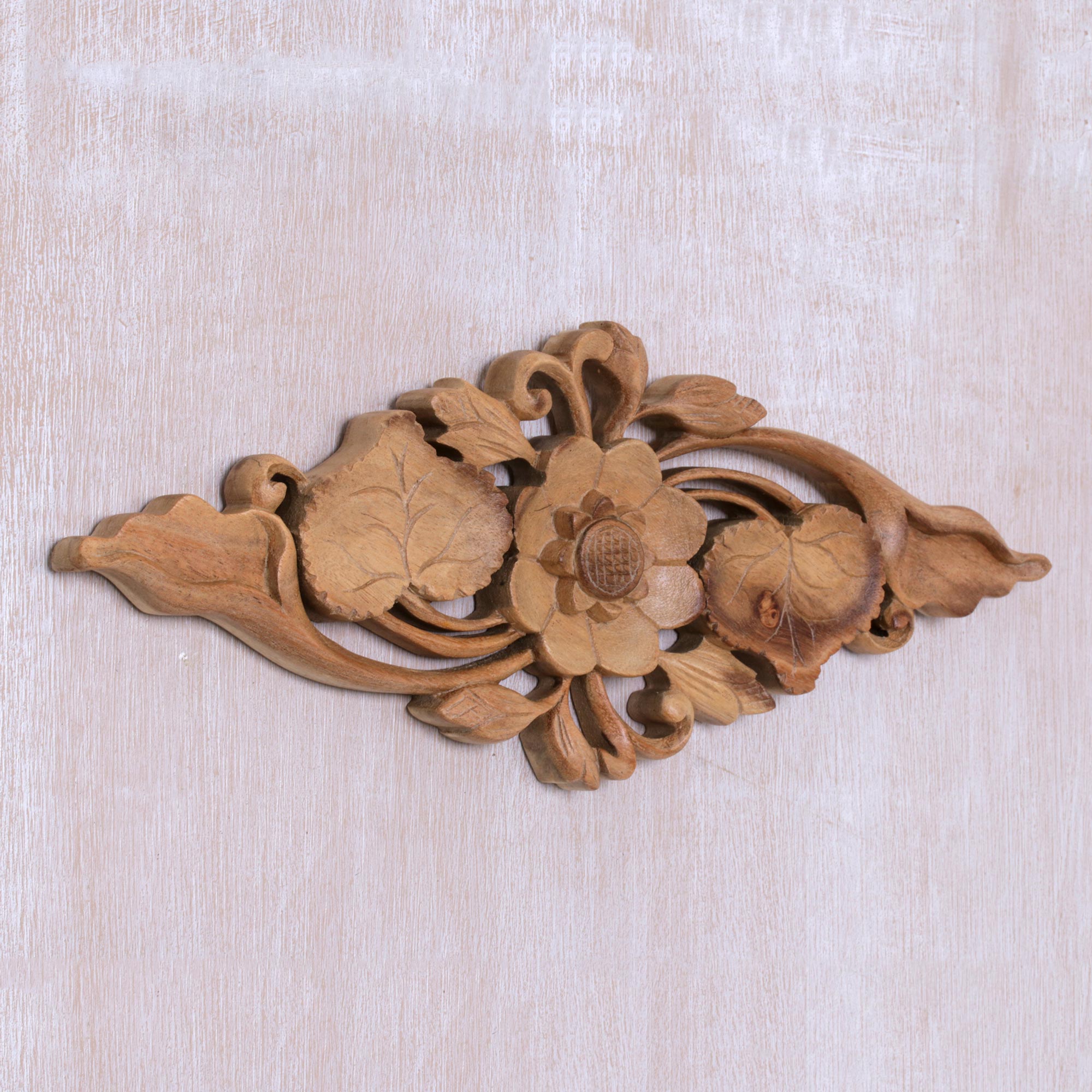 Premium Lily Love Suar Wood Wall Art - Handcrafted in Bali