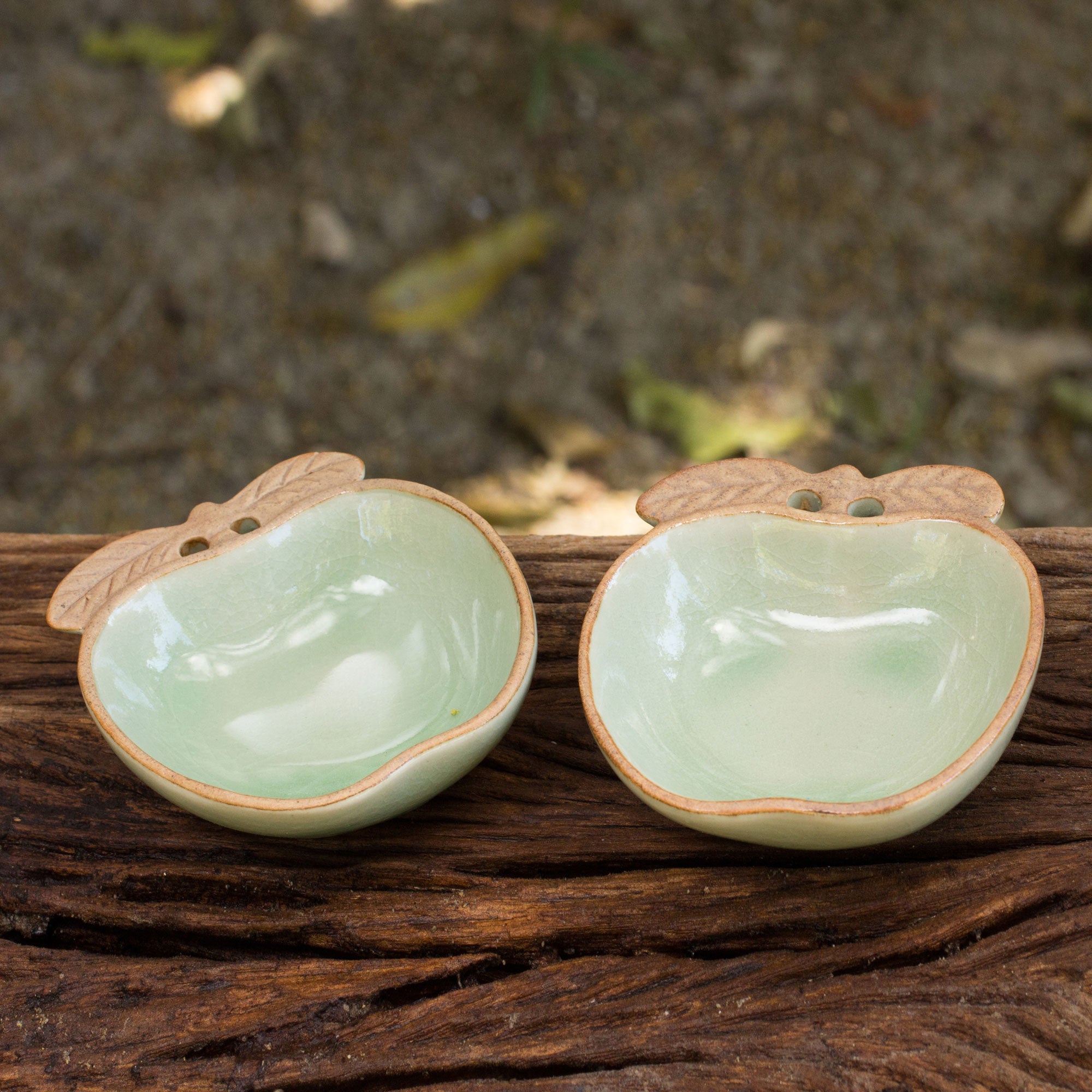 Premium Autumn Apple Celadon Condiment Bowls - Handcrafted Pair