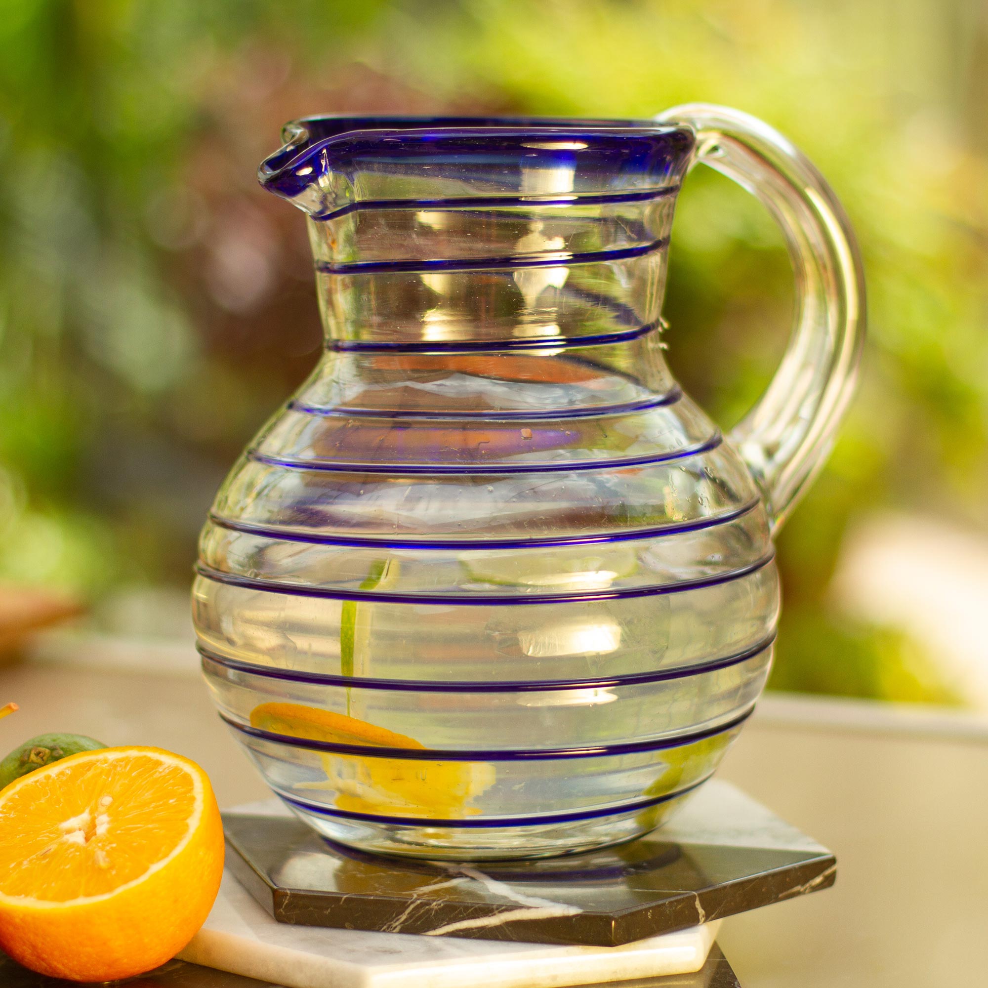 Premium Handblown Recycled Glass Blue Spiral Pitcher - Novica Collection