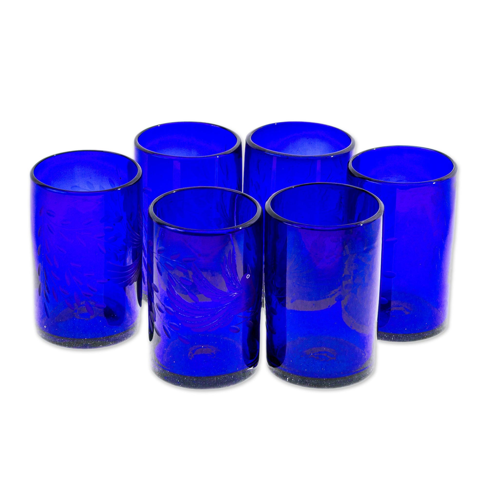 Premium Paloma Azul Etched Blue Handblown Glass Tumblers - Set of 6