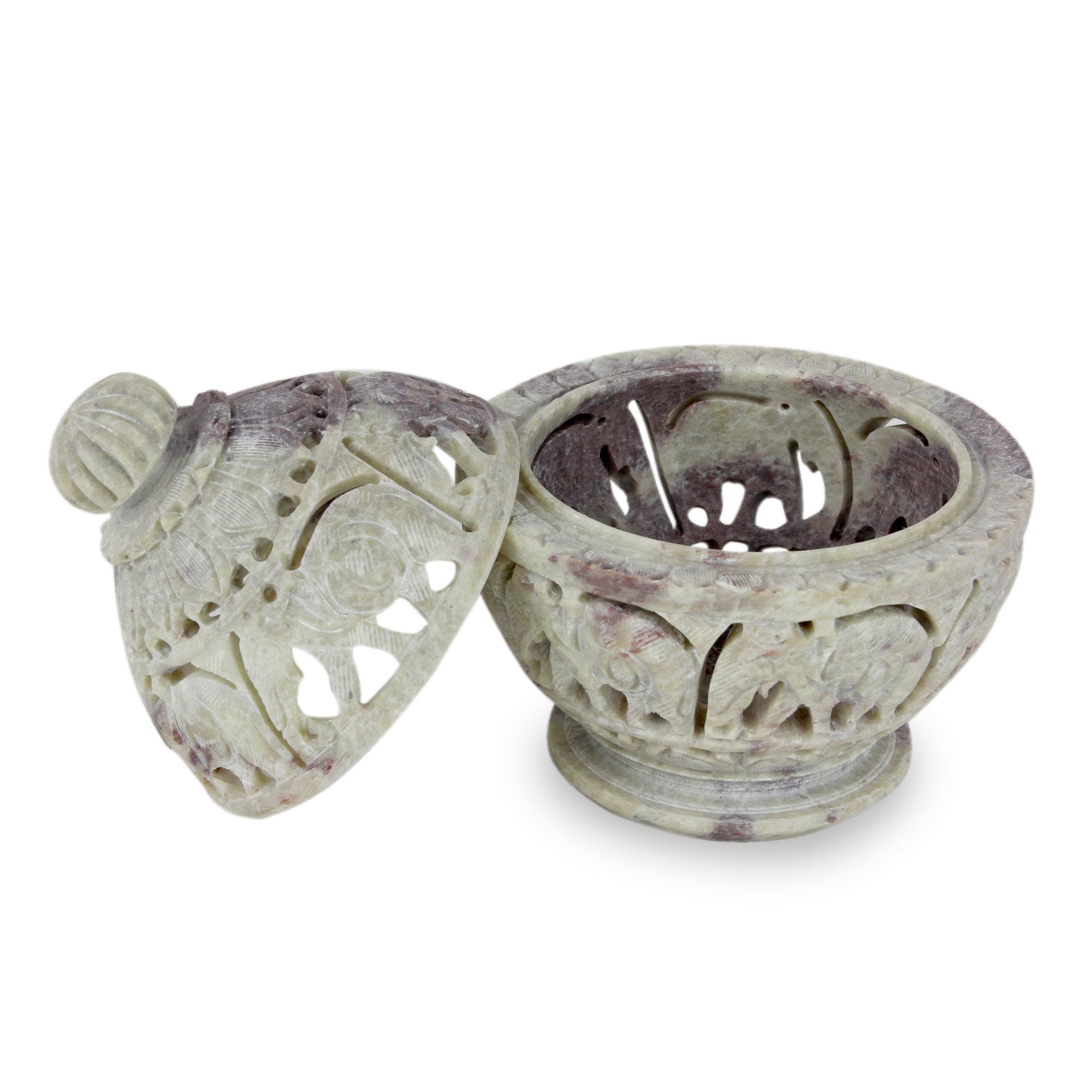 Premium Hand-Carved Elephant Parade Soapstone Decorative Jar - Indian Artisan Craft