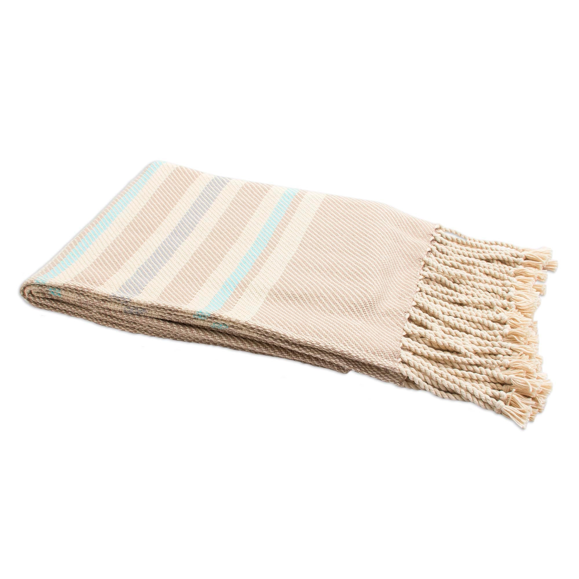 Premium Handwoven Cotton Throw - Ecru & Striped Design from Peru