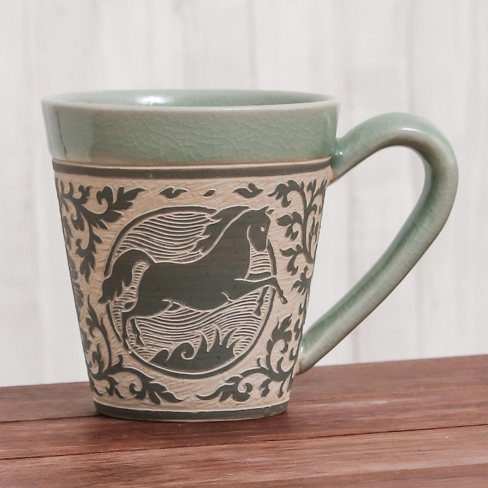 Premium Thai Celadon Horse Ceramic Mug - Handcrafted Artisan Design