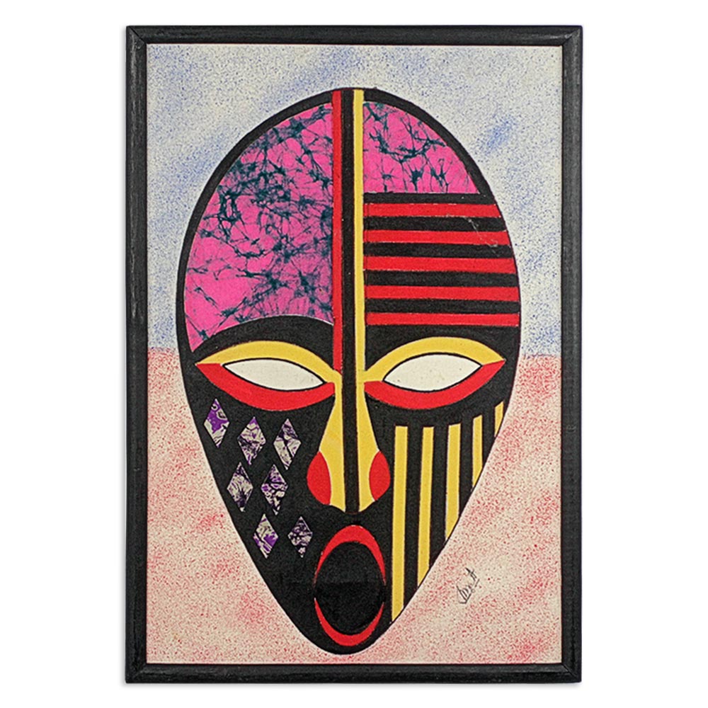 Premium African Mask Batik Collage - Handcrafted Art from Ghana