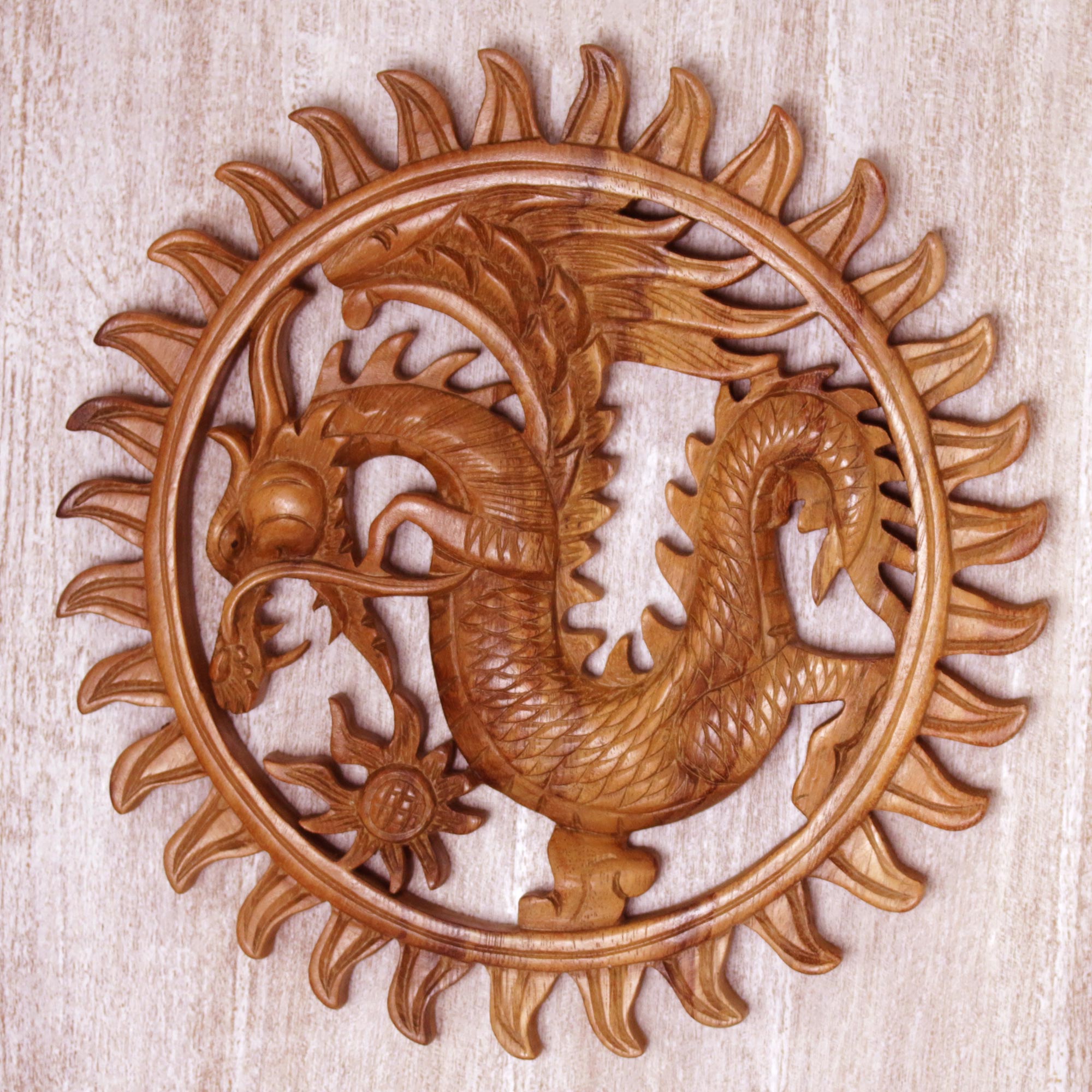Premium Hand-Carved Balinese Dragon Wood Relief Panel – Circular Suar Wood Art