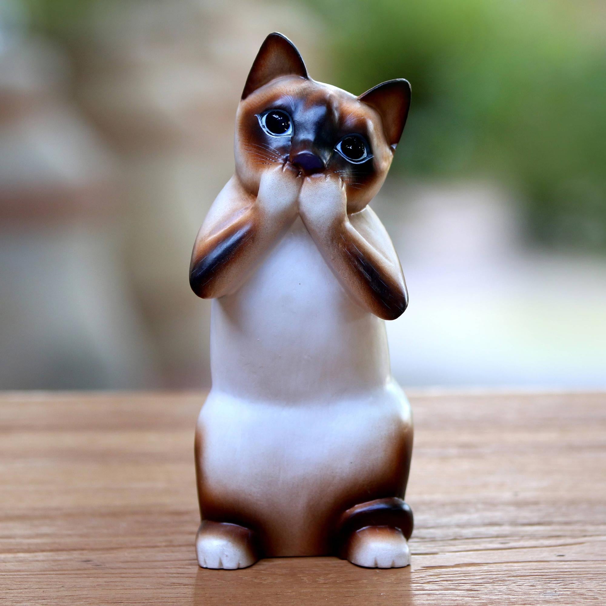 Premium Hand-Carved Siamese Cat Sculpture - Speak No Evil Design