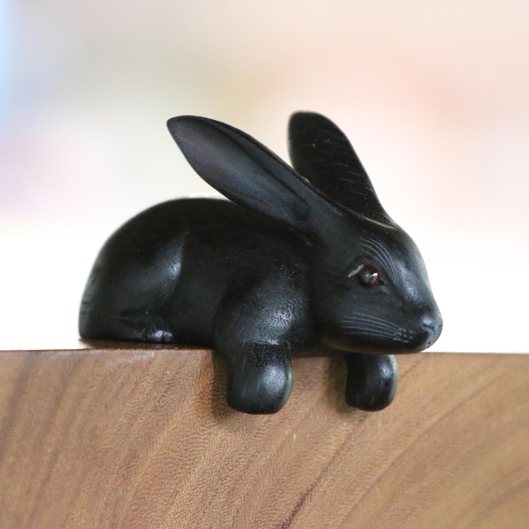 Premium Black Suar Wood Rabbit Sculpture - Handcrafted in Bali