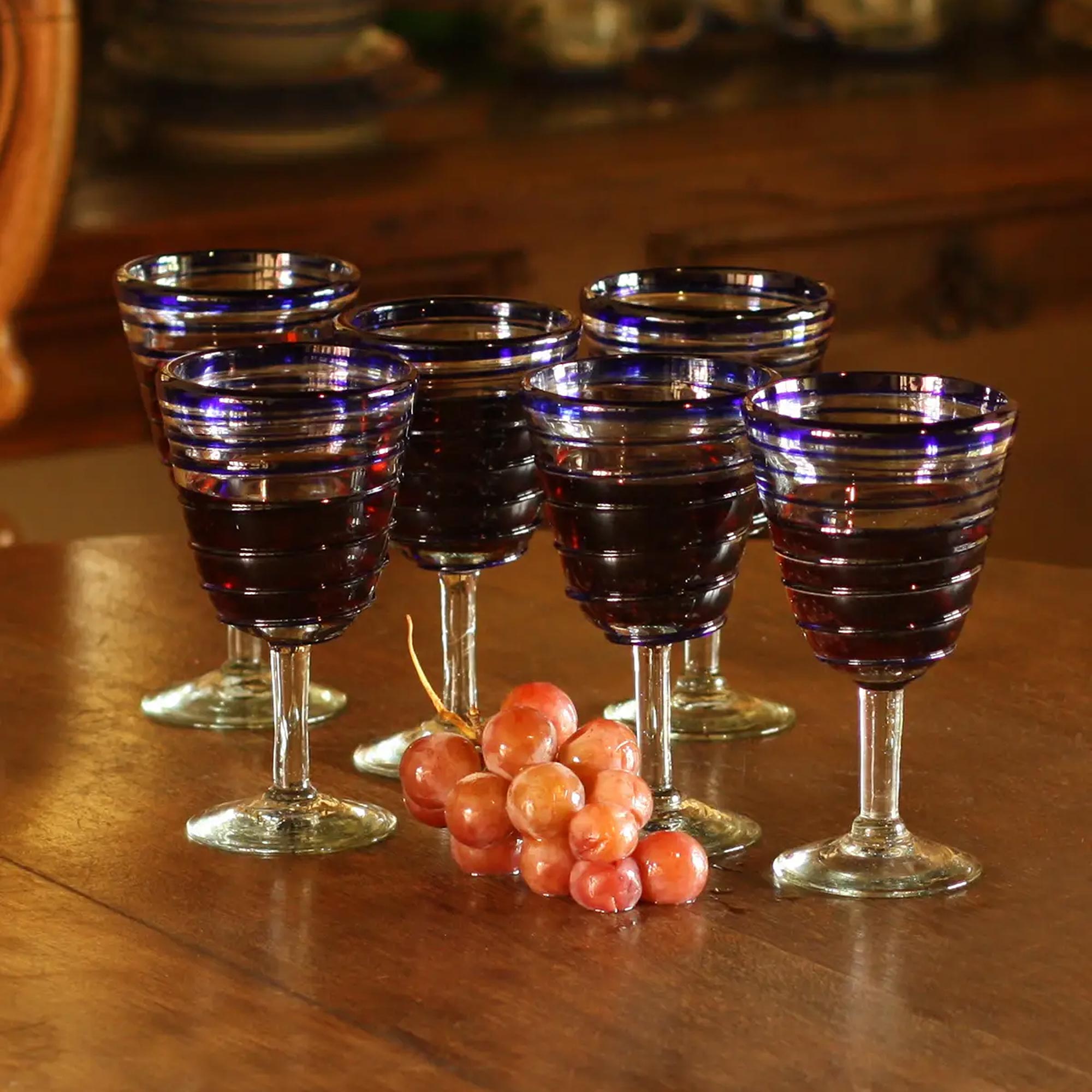 Premium Handblown Cobalt Spirals Recycled Glass Wine Glasses - Set of 6