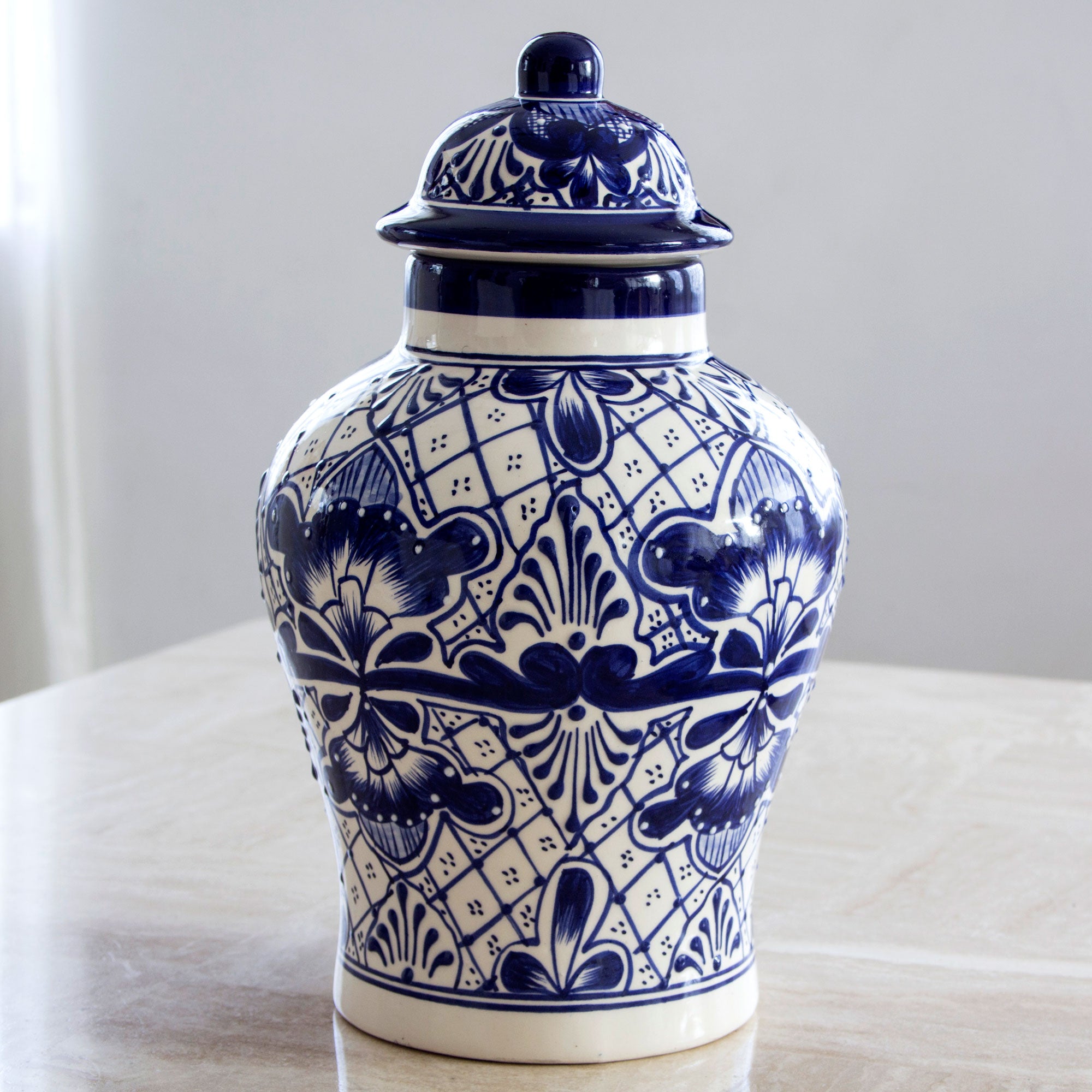 Premium Cobalt Blue Talavera Ceramic Ginger Jar - Handcrafted Artistry