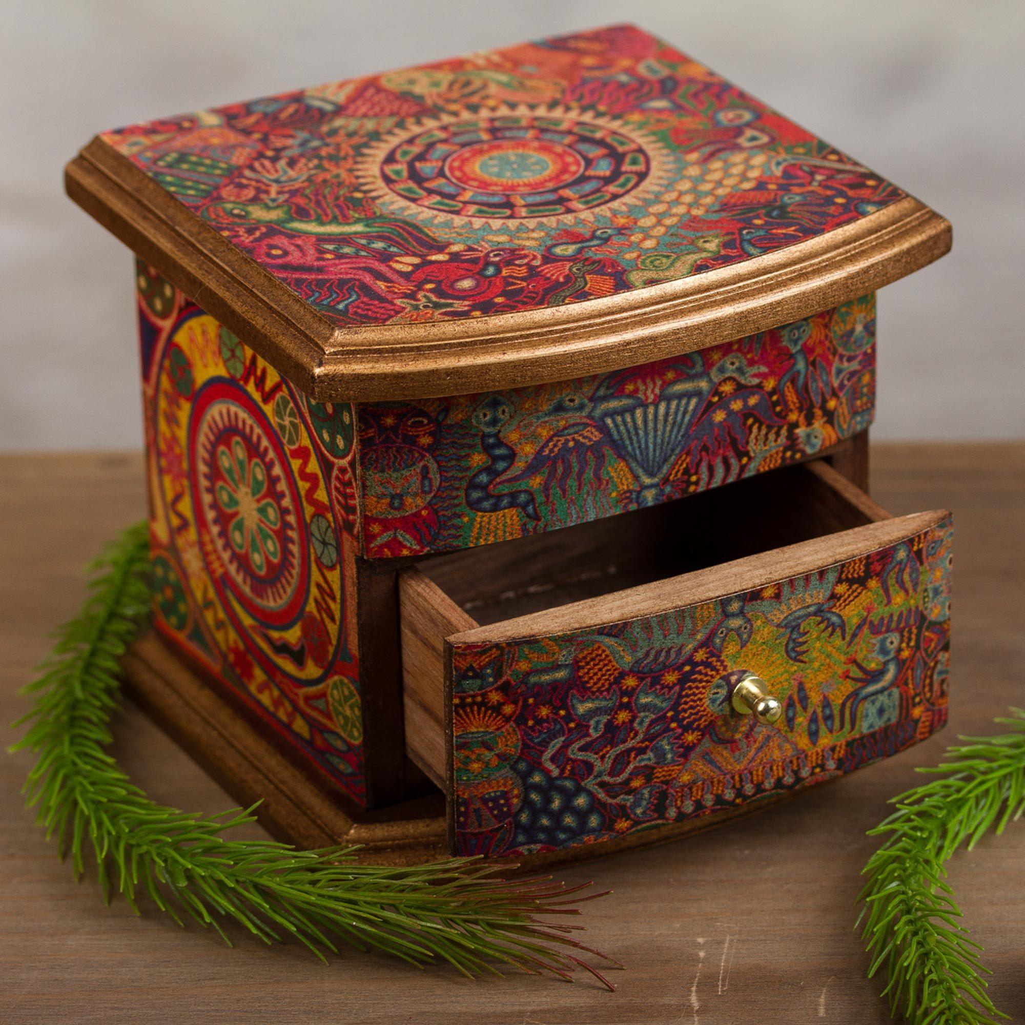 Premium Handcrafted Huichol Art Jewelry Box - Pinewood Decoupage Design