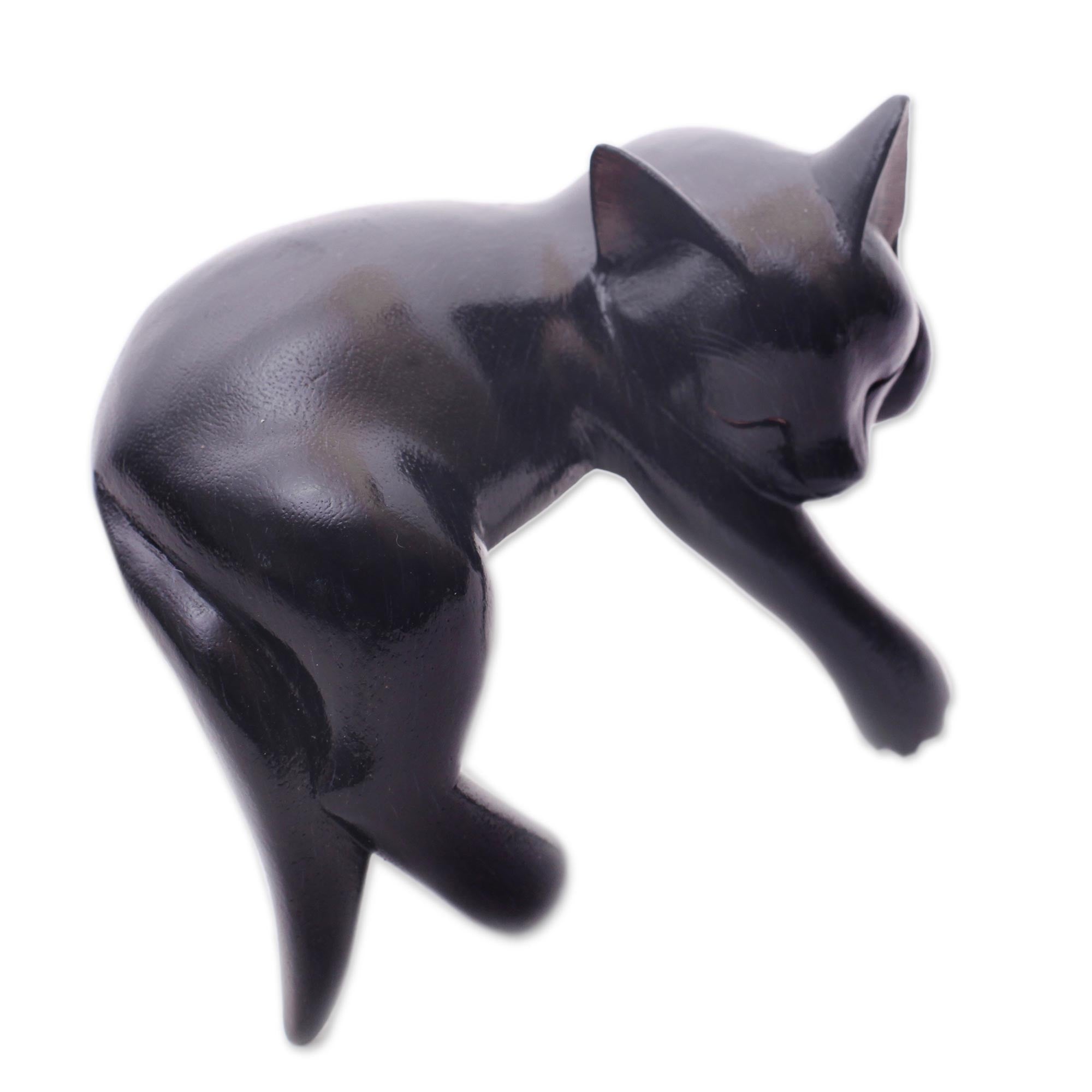 Premium Hand-Carved Black Cat Sculpture - Signed Balinese Art Piece
