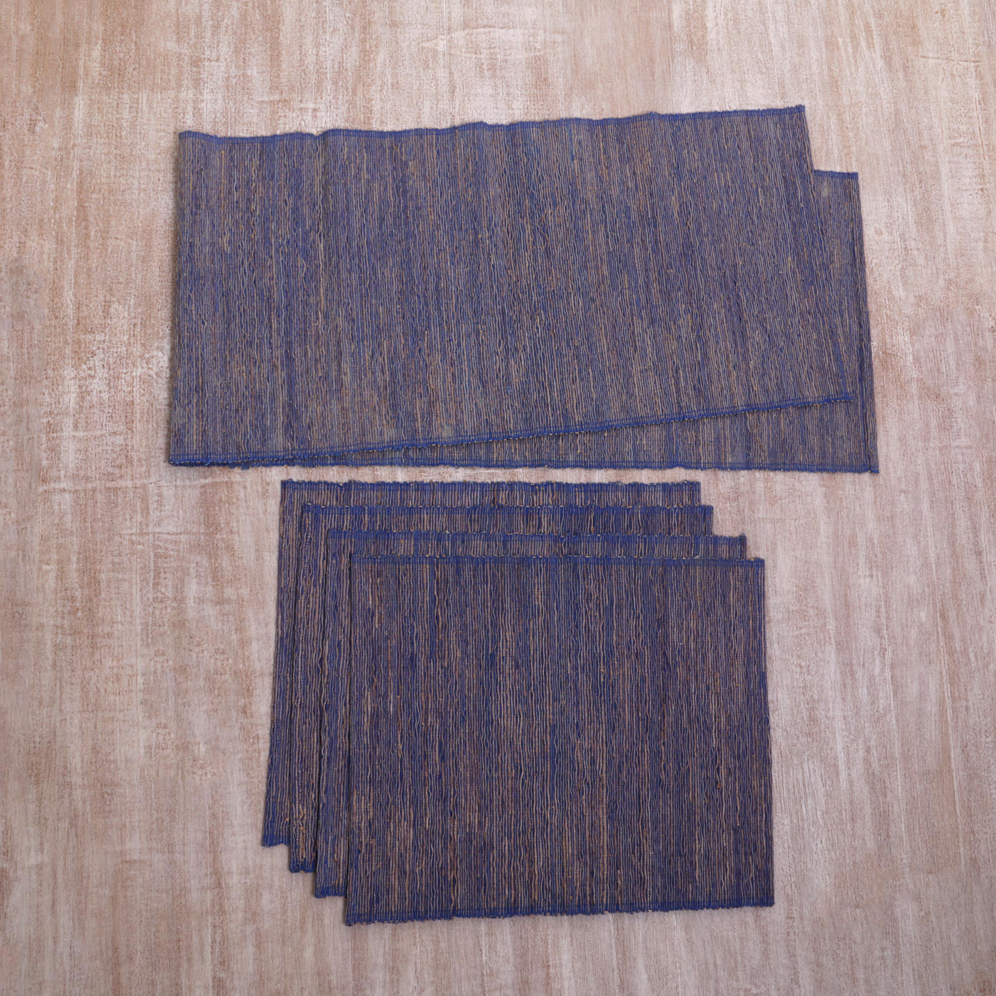 Premium Blue Fiber & Cotton Blend Table Runner and Placemats Set
