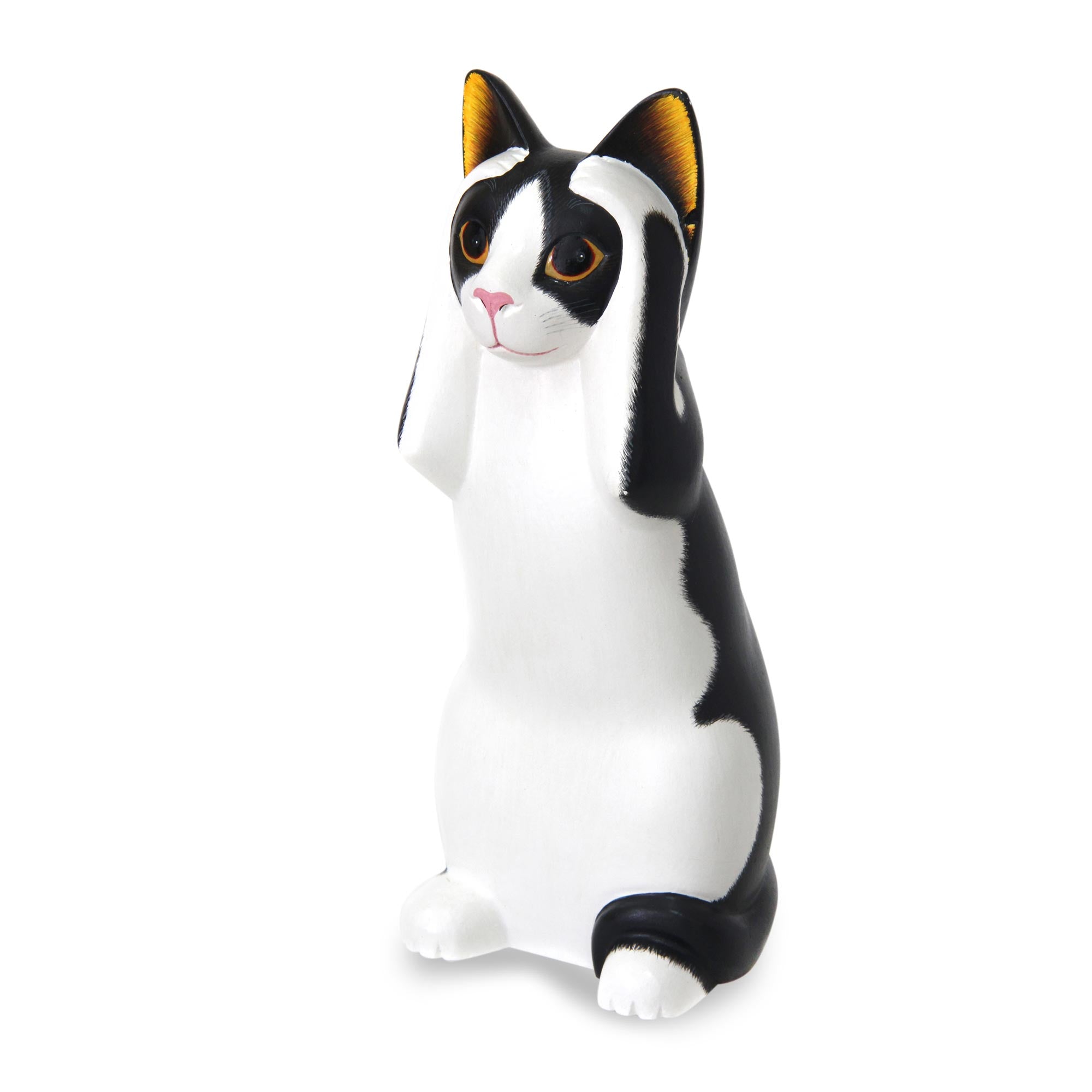 Premium Hand-Carved Albesia Wood Cat Sculpture - Hear No Evil