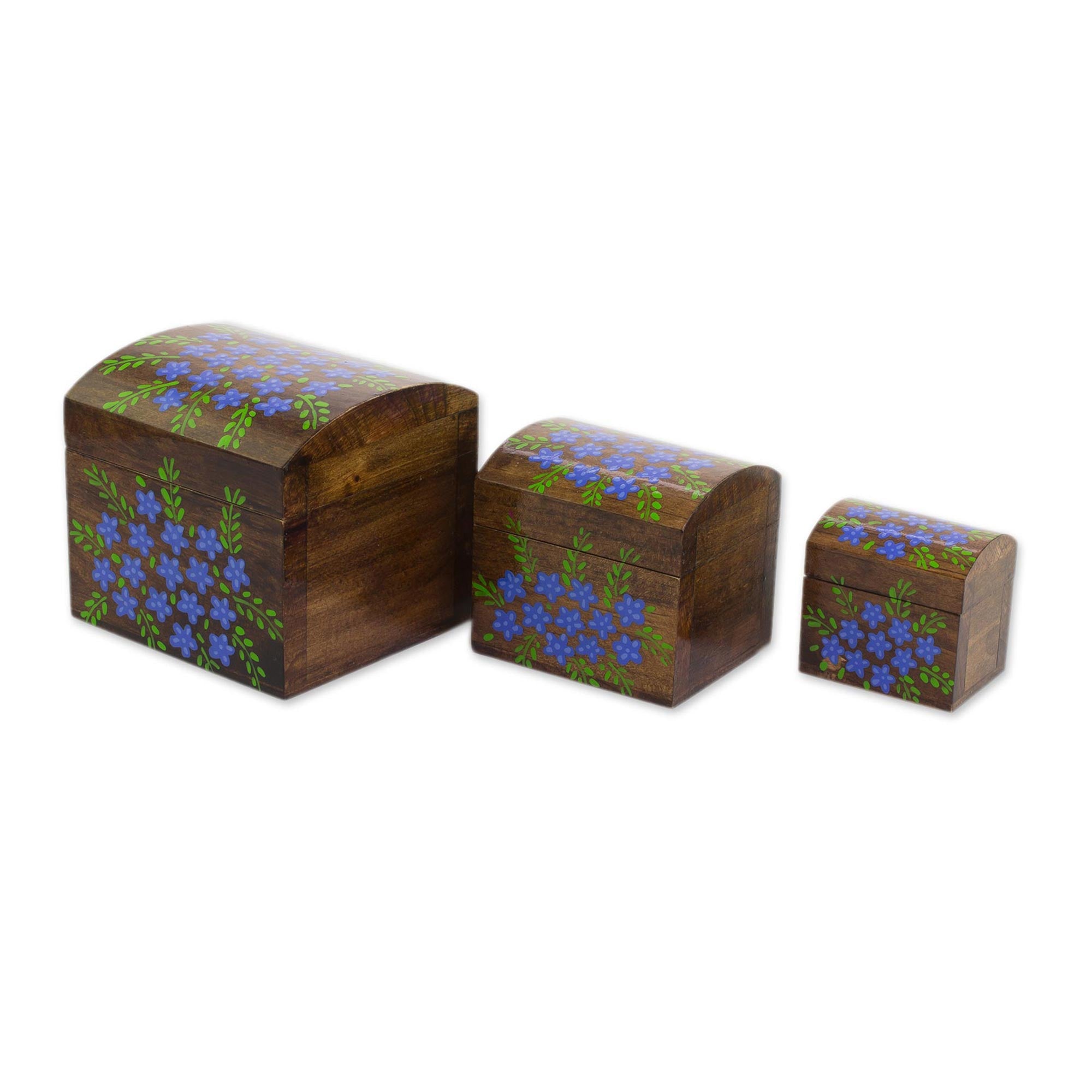 Premium Handcrafted Blue Floral Pinewood Treasure Box Set (3-Piece)