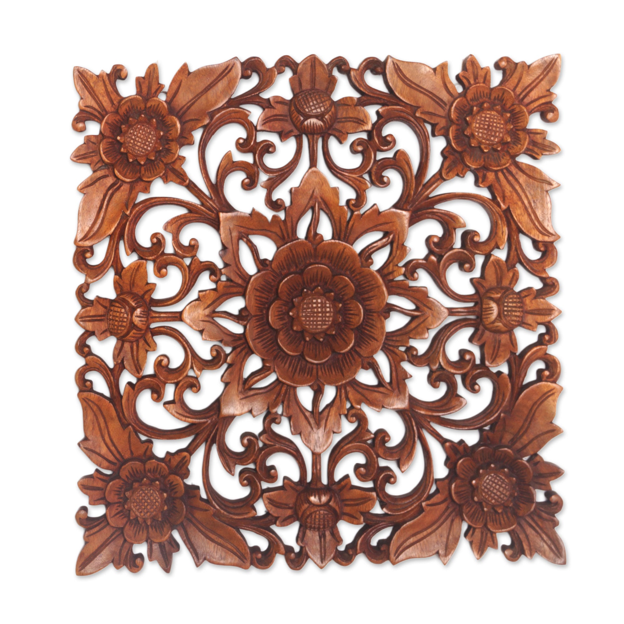 Premium Hand-Carved Suar Wood Floral Wall Art Panel