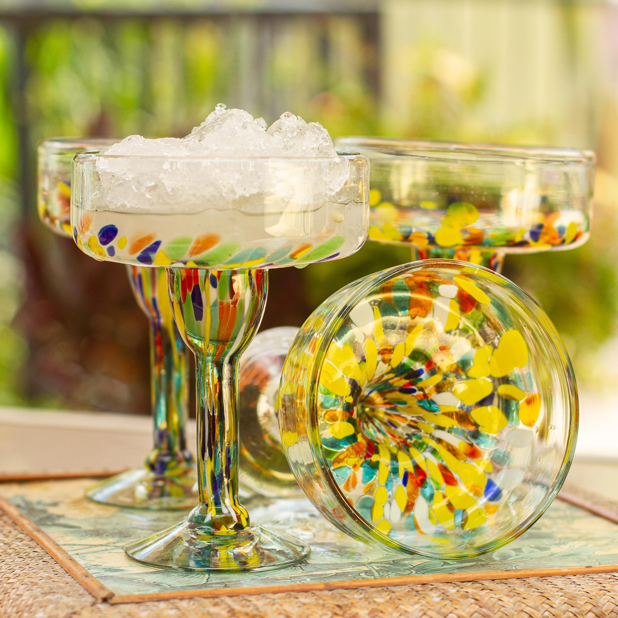 Premium Confetti Festival Hand-Blown Glass Margarita Glasses - Set of 6