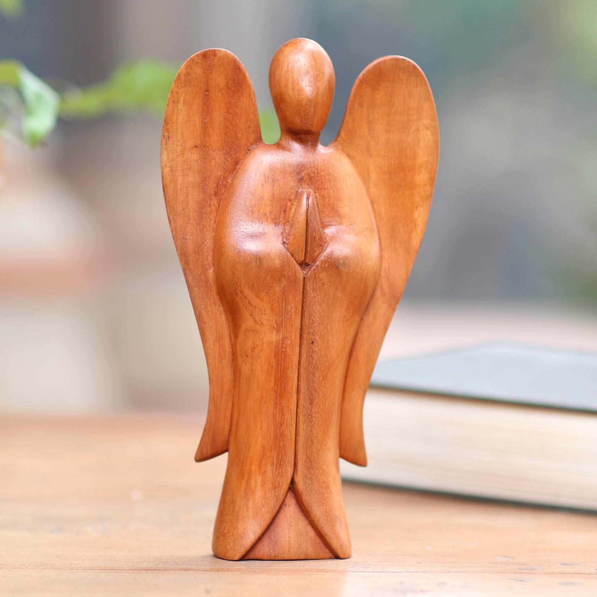 Premium Angel of Peace Wood Sculpture - Handcrafted Suar Wood Art