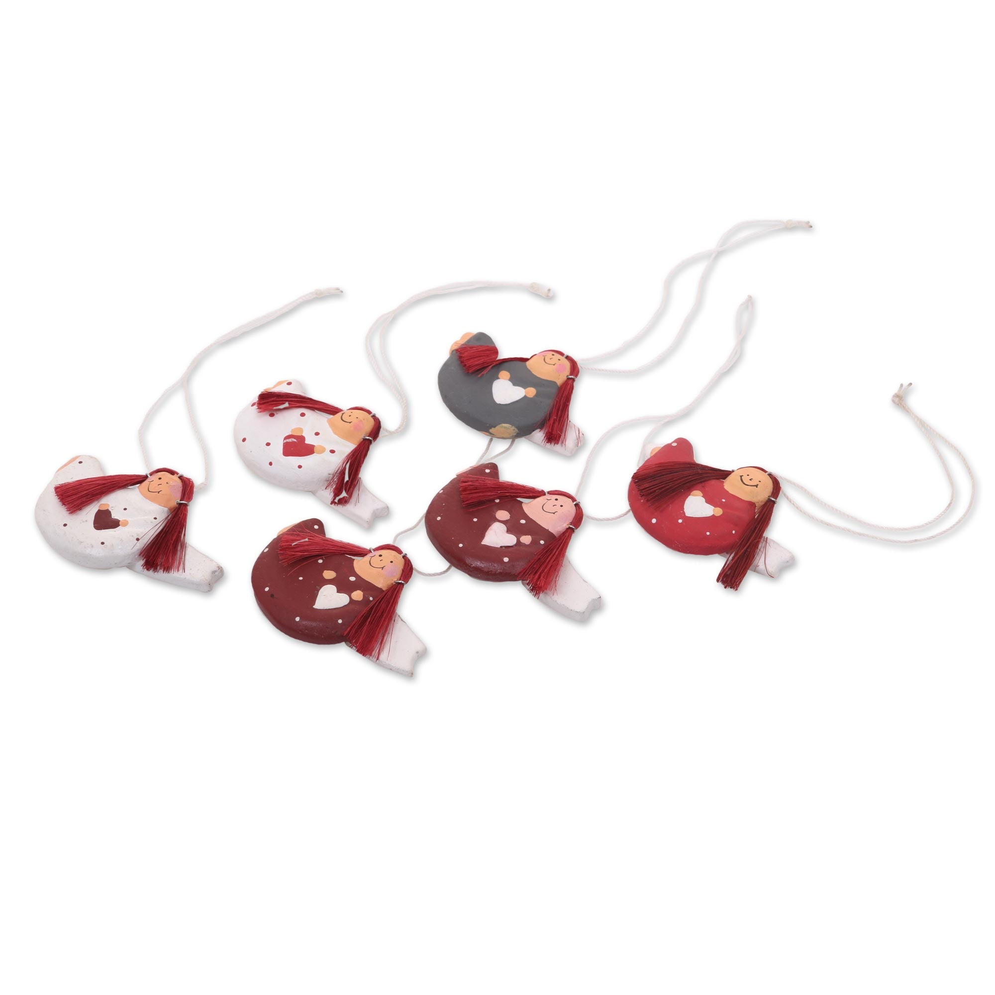 Premium Handcrafted Red-Haired Angel Ornament Set - 6 Unique Wooden Angels with Hearts