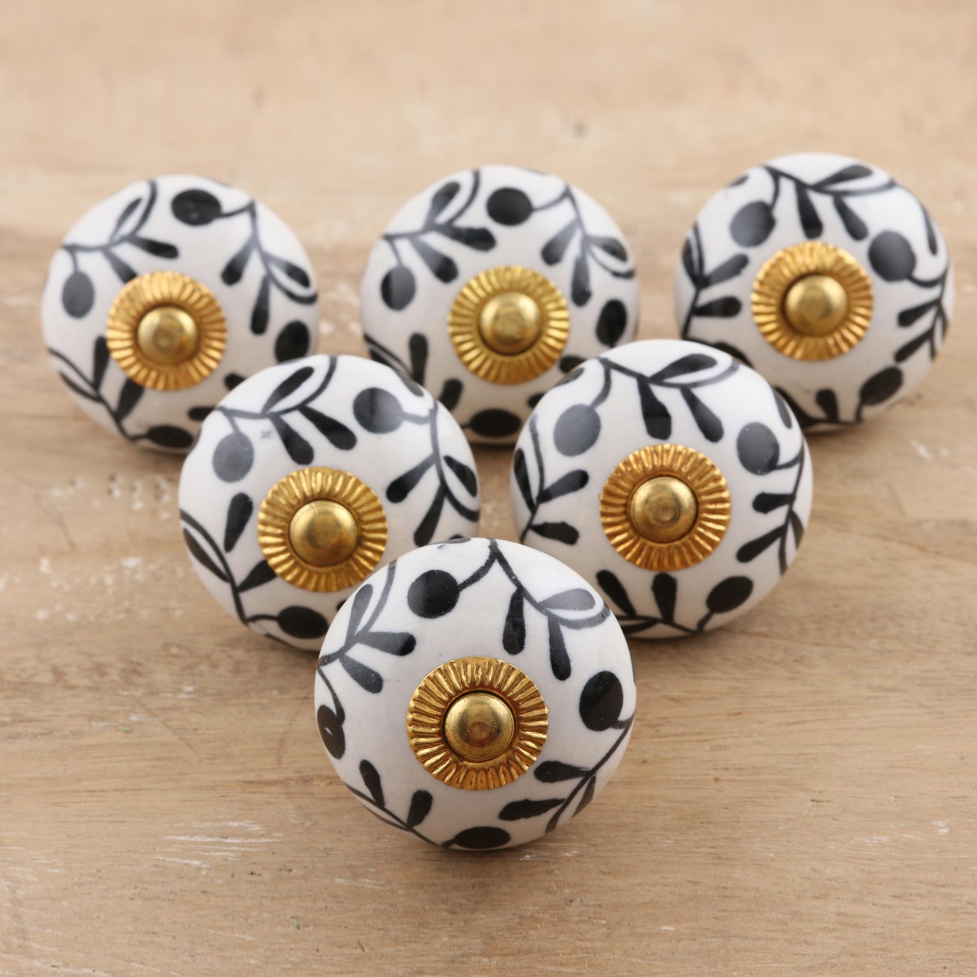 Premium Magical Blooms Ceramic Cabinet Knobs – Floral White & Black (Set of 6) – Handcrafted in India