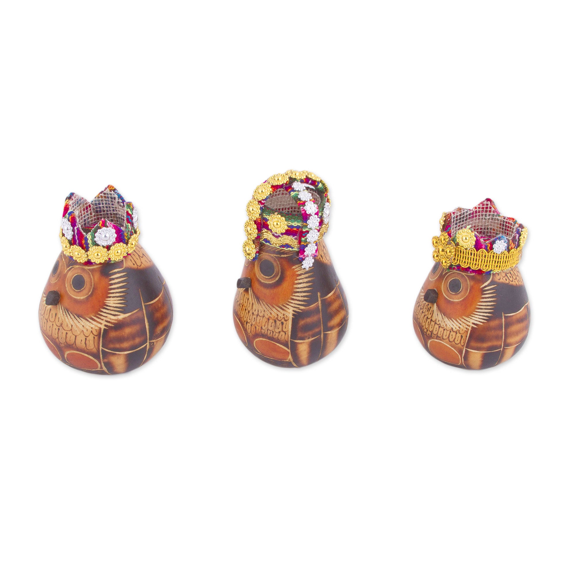 Premium Three Kings Owl Figurines - Handcrafted Gourd Set from Peru (Set of 3)