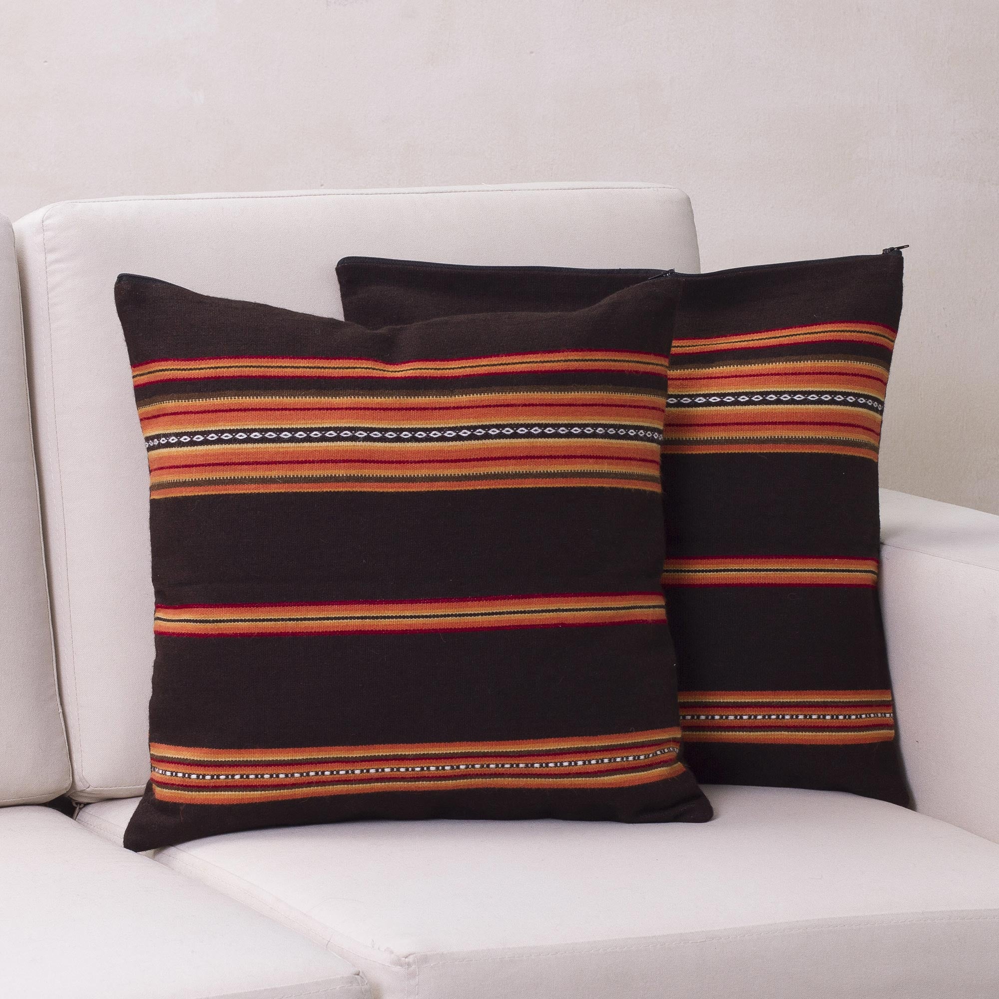 Premium Quechua Handwoven Alpaca Cushion Covers - Brown & Orange Pair