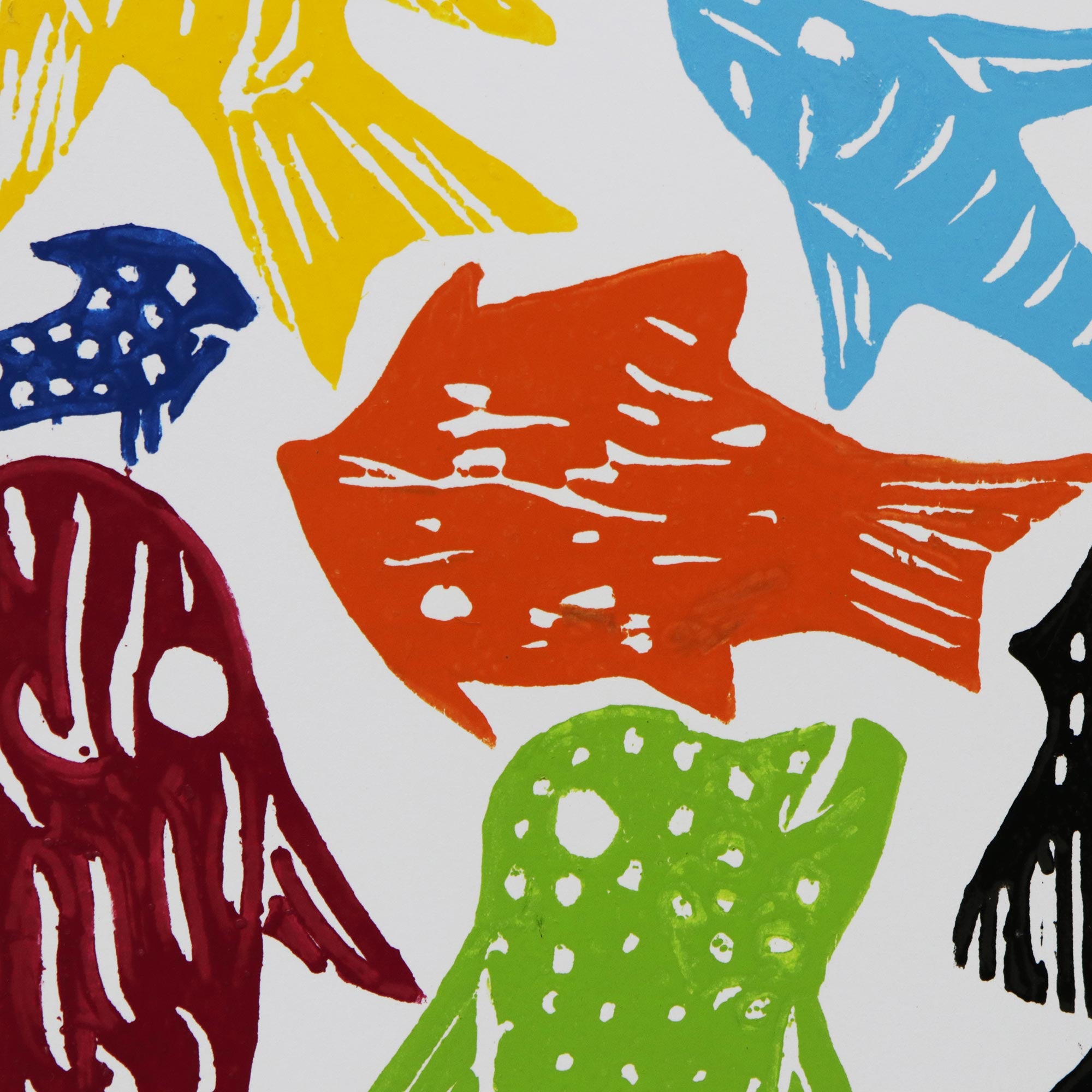 Premium Woodcut Print: School of Fish by J. Borges - Vibrant Brazilian Art