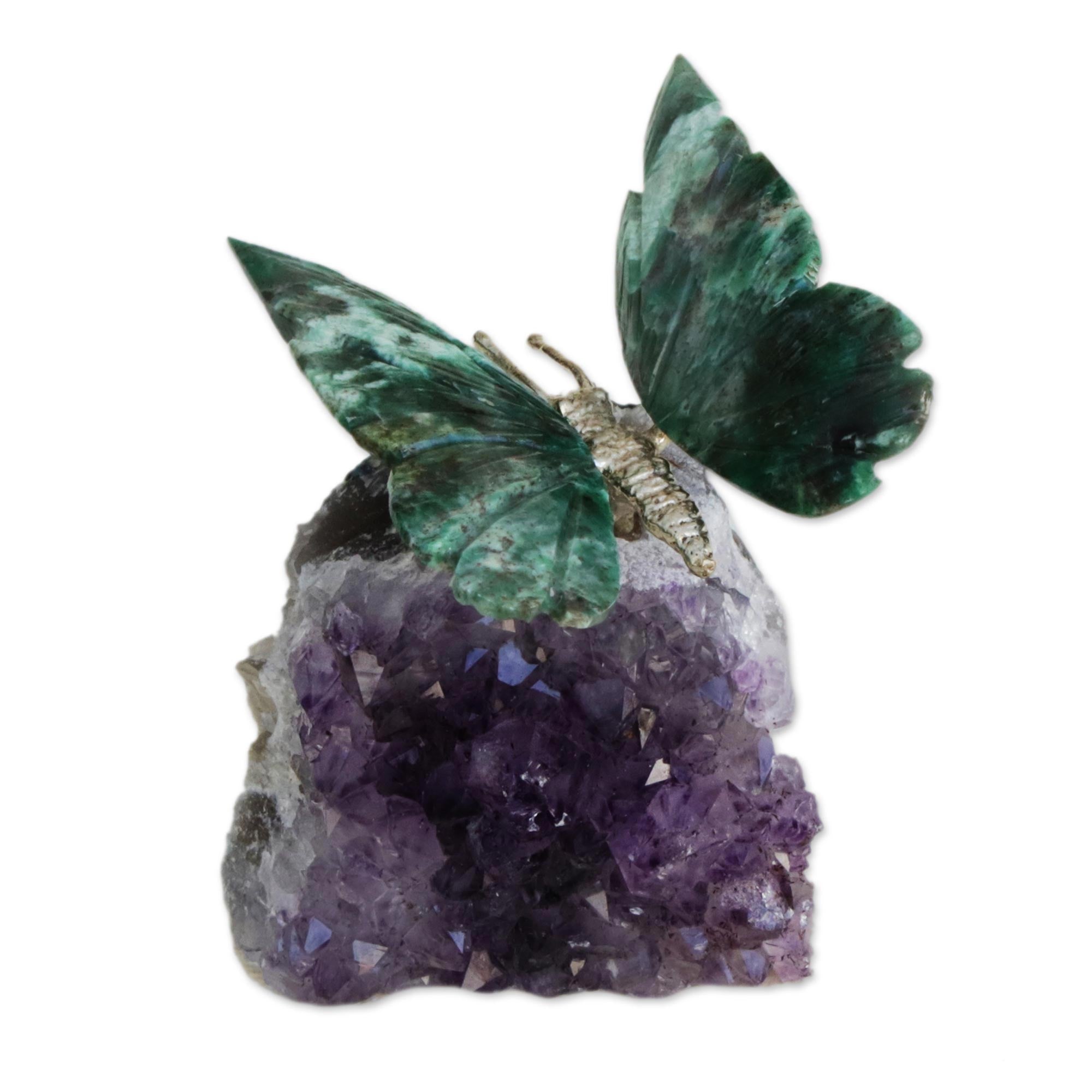 Premium Forest Wings Butterfly Gemstone Sculpture - Serpentinite & Amethyst