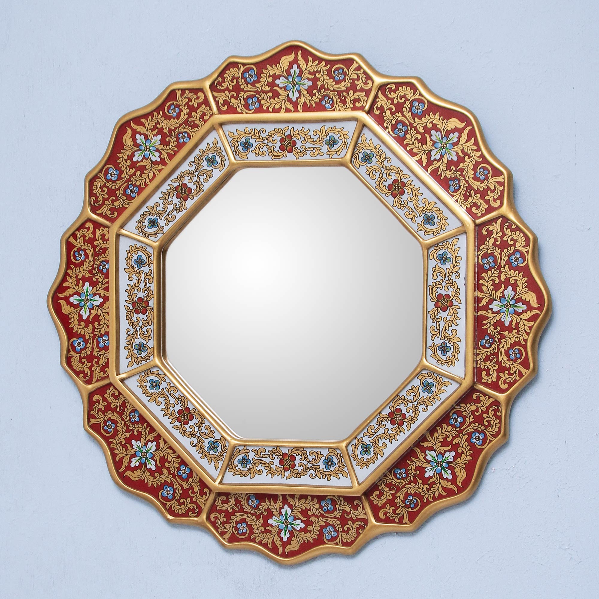Premium Red Star Floral Reverse Painted Glass Mirror - Handcrafted Peruvian Art